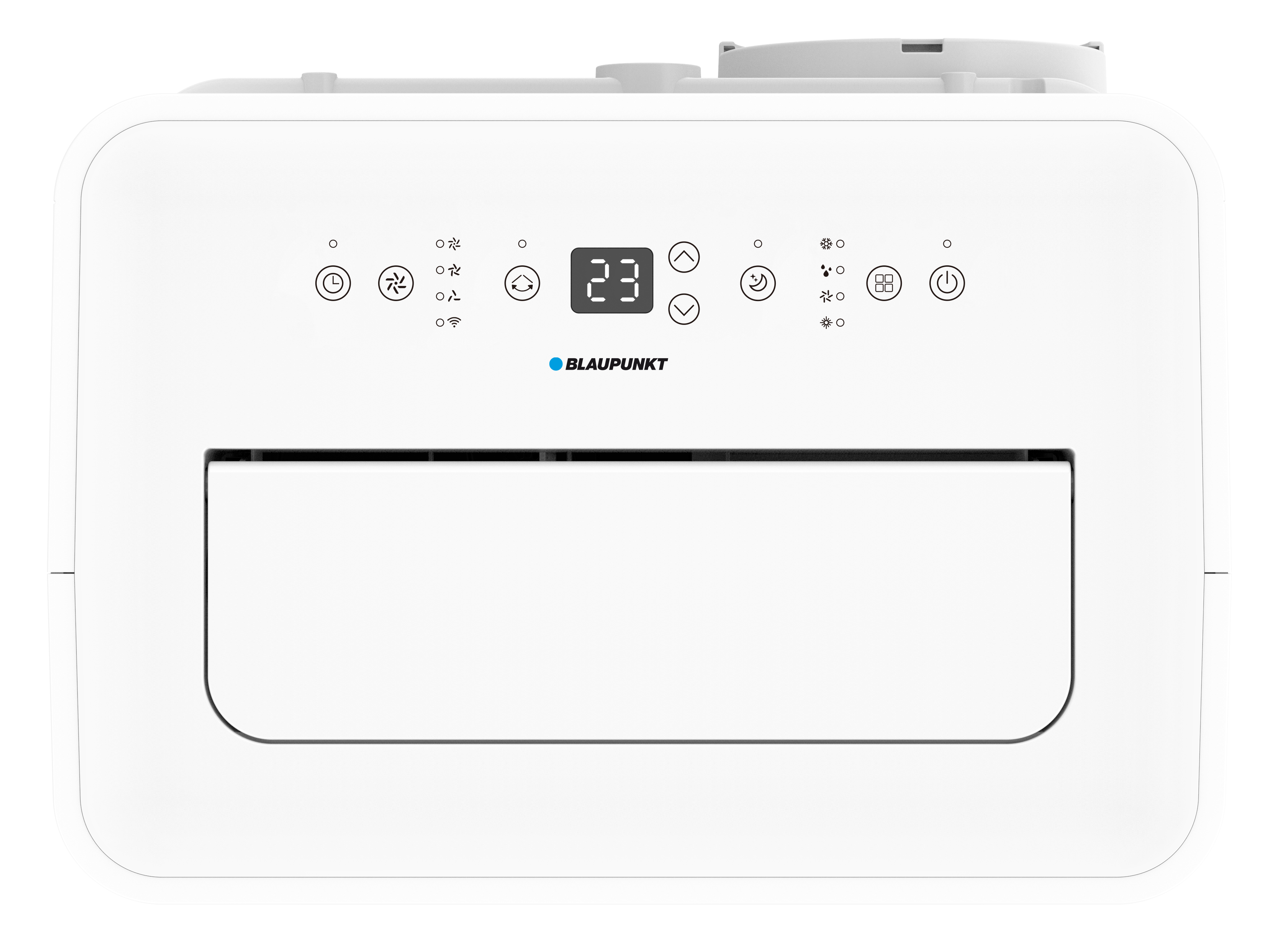 Biały klimatyzator z cyfrowym wyświetlaczem 23, ikonami sterowania i logo Blaupunkt.
