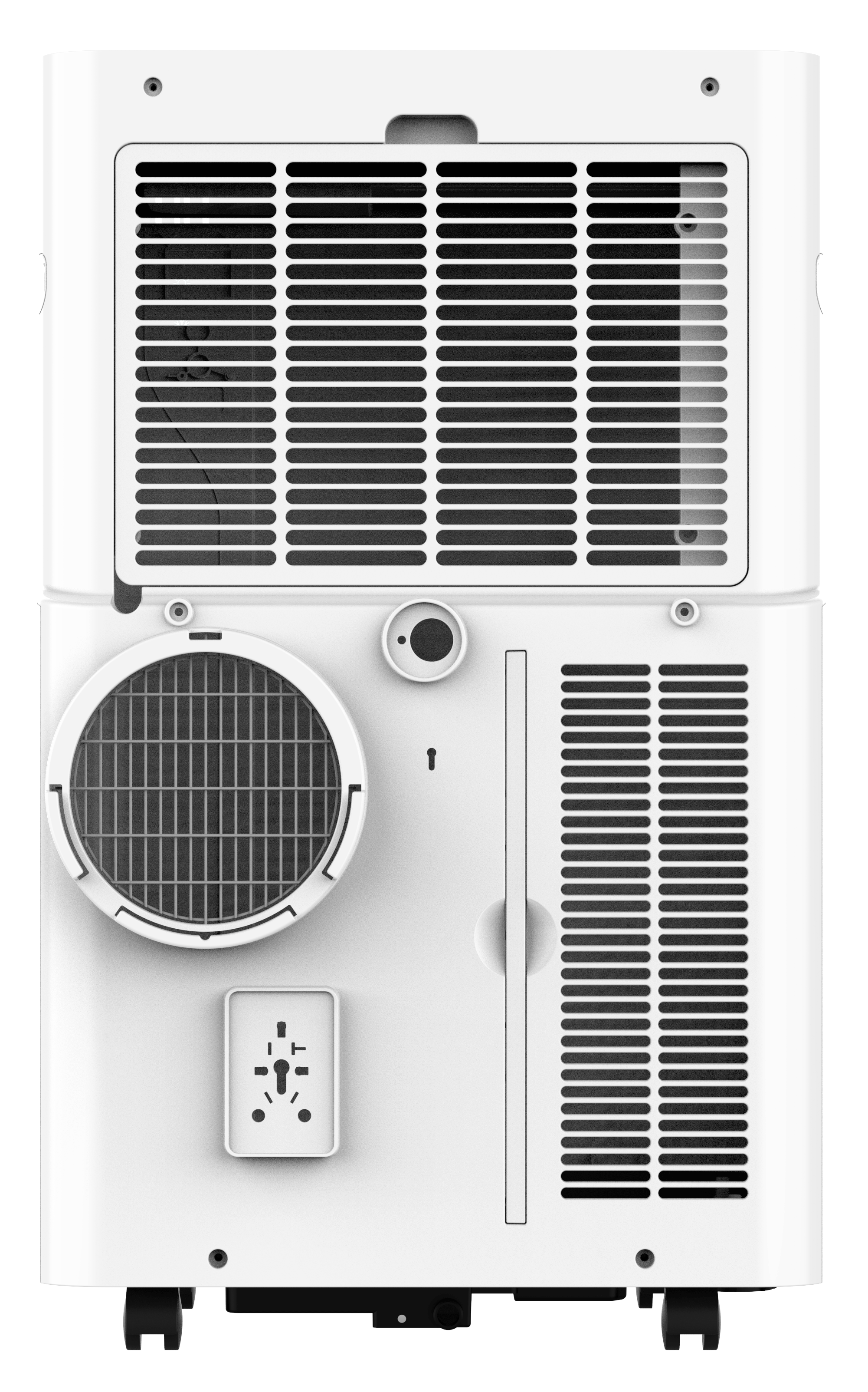 Widok z tyłu białego przenośnego klimatyzatora. Ma otwory wentylacyjne, okrągły wlot powietrza, gniazdko i kółka.