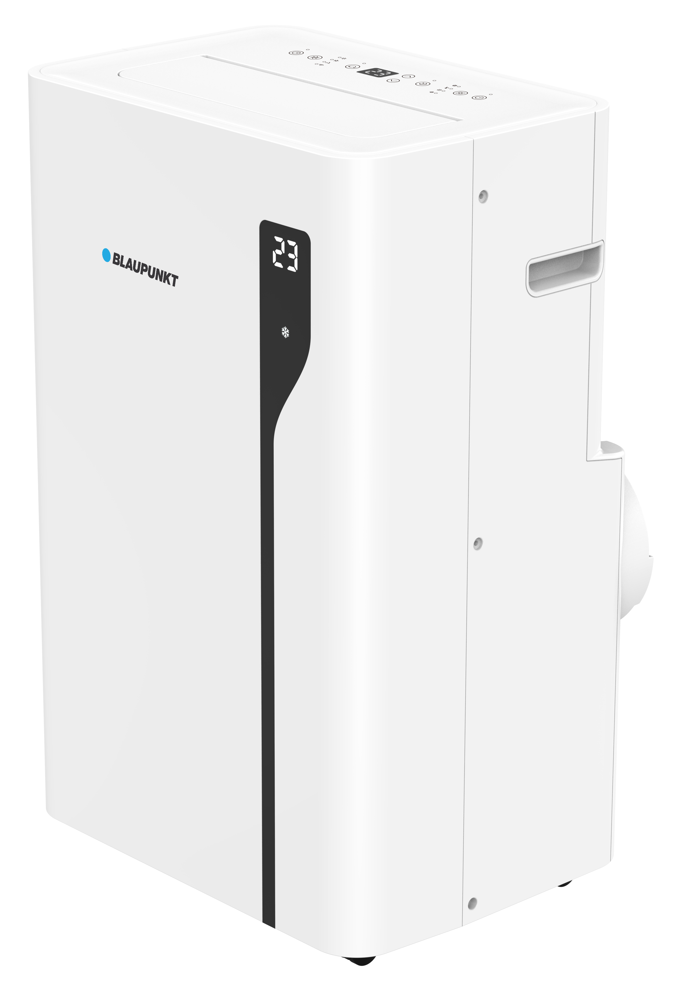 Biały przenośny klimatyzator Blaupunkt. Wyświetla 23 stopnie. Ma czarny pasek i otwór wentylacyjny z boku.