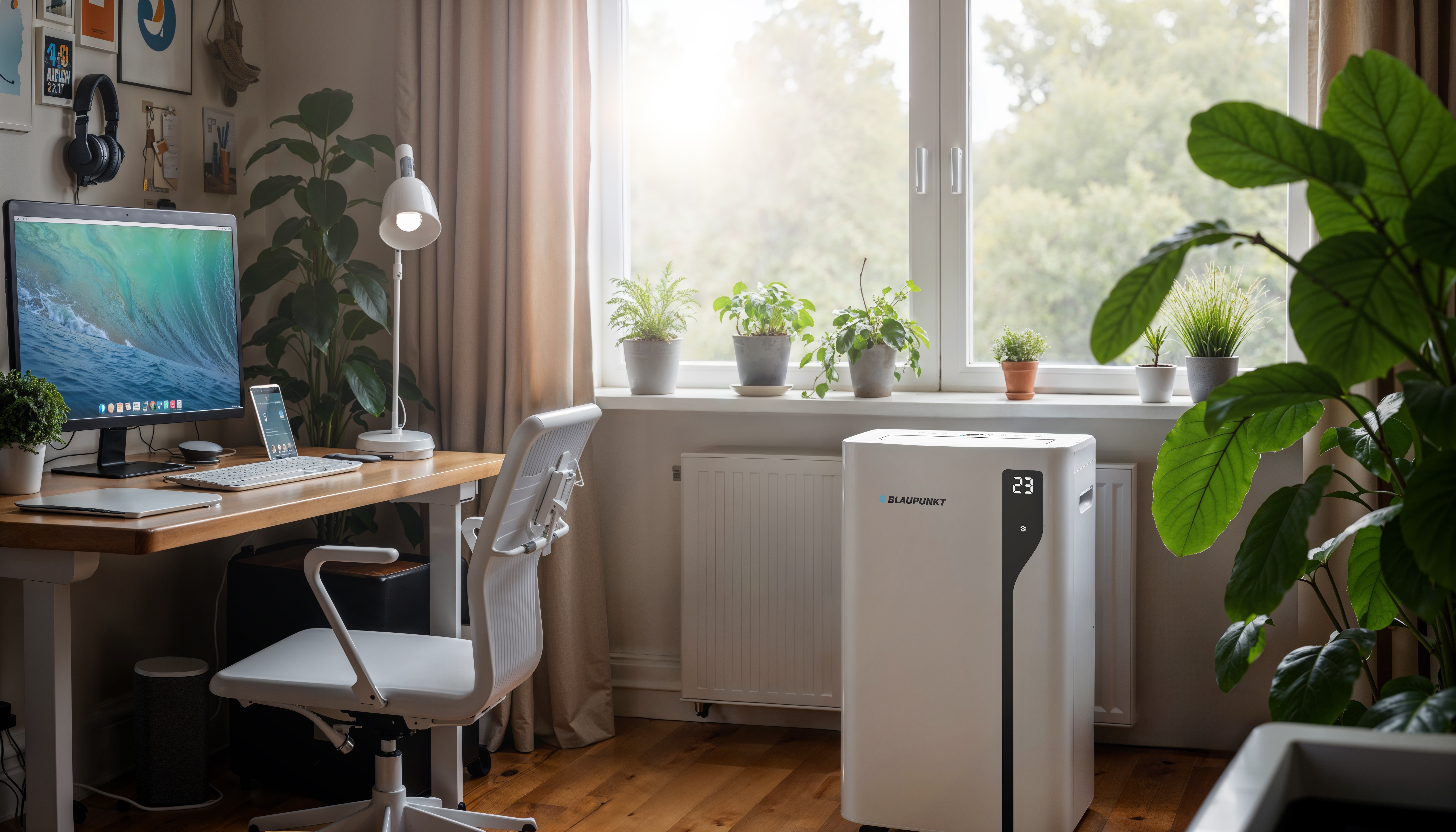 Domowe biuro z biurkiem, komputerem, roślinami i oczyszczaczem powietrza. Okno z roślinami i zasłonami w tle.