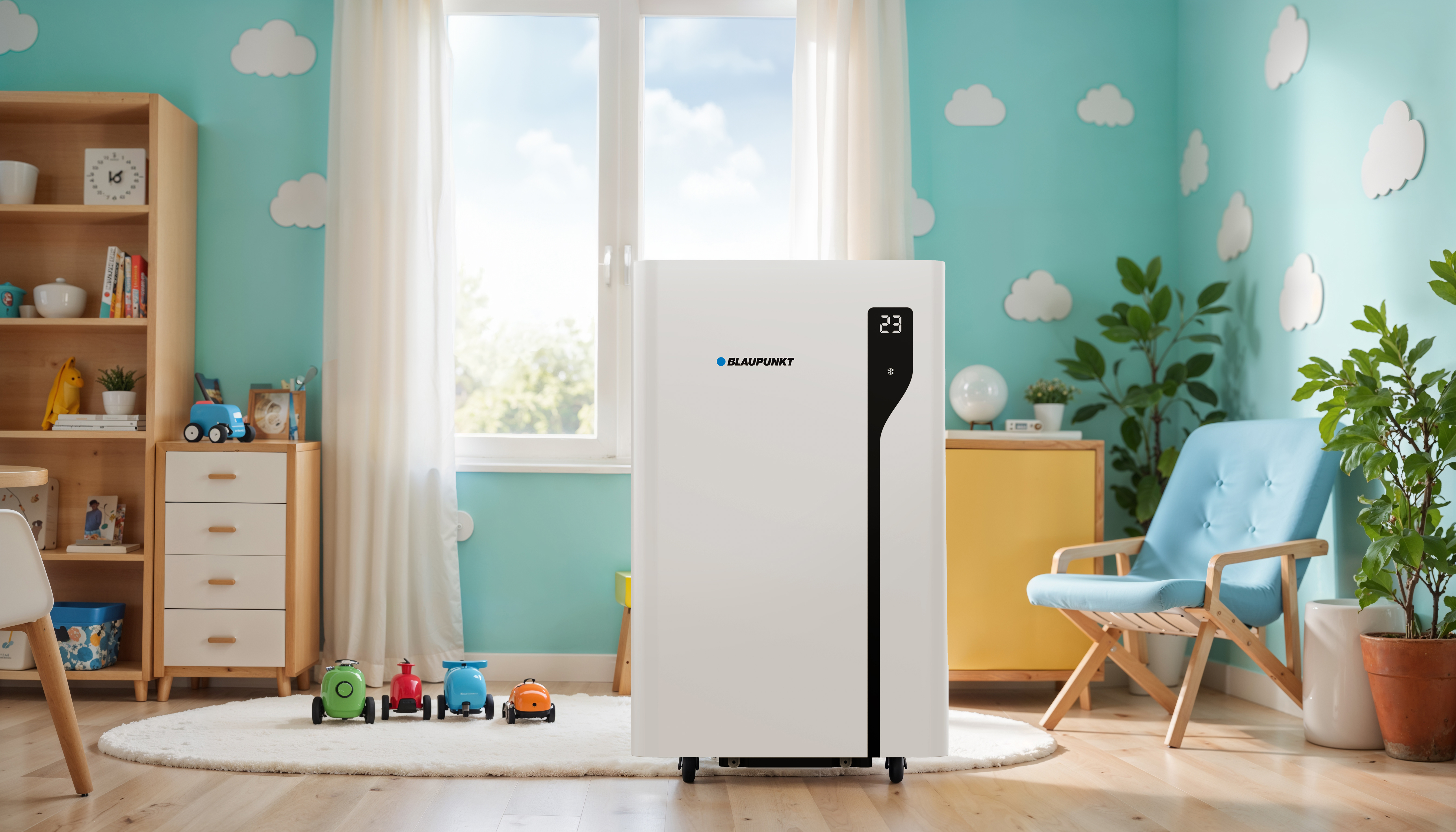 Biały oczyszczacz powietrza Blaupunkt w pokoju dziecięcym z jasnoniebieską ścianą. Zabawki i krzesło w pokoju.