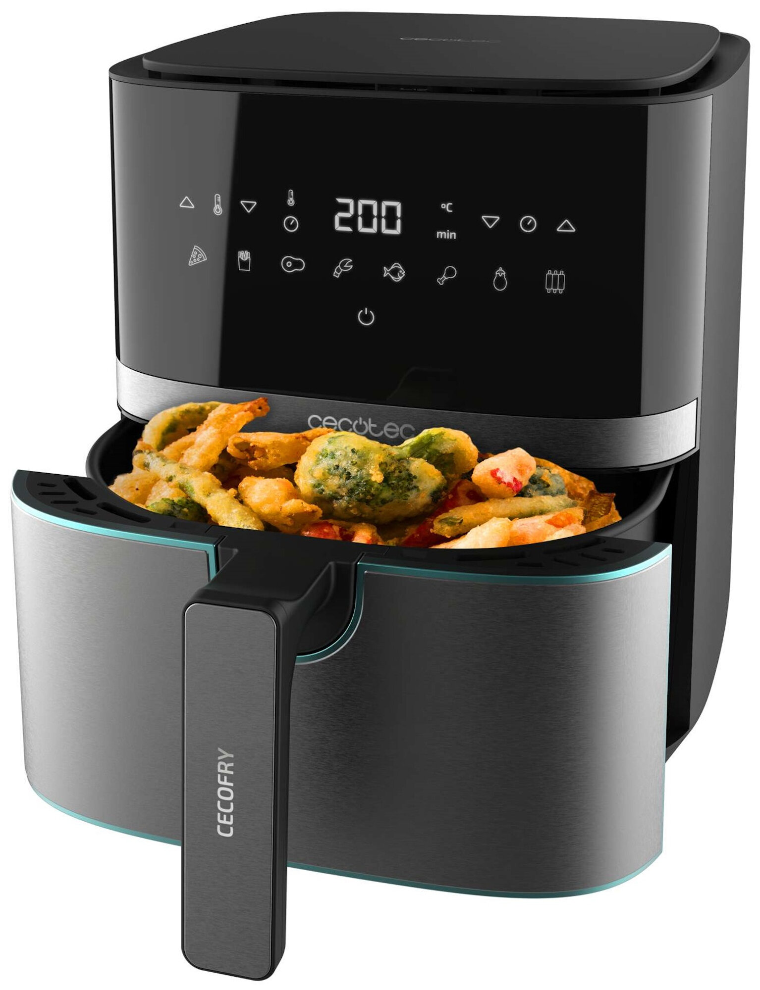 Frytownica powietrzna z zawartością smażonego jedzenia. Posiada wyświetlacz cyfrowy z wynikiem 200. Na uchwycie napis CECOFRY.