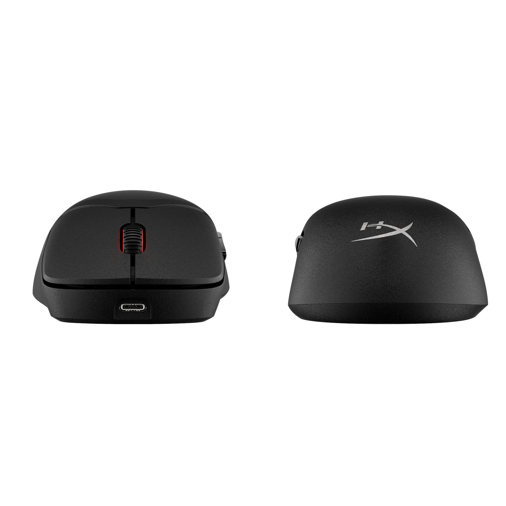 Two black computer mouses are shown. One frontal view with a red scroll wheel. The other with logo.
