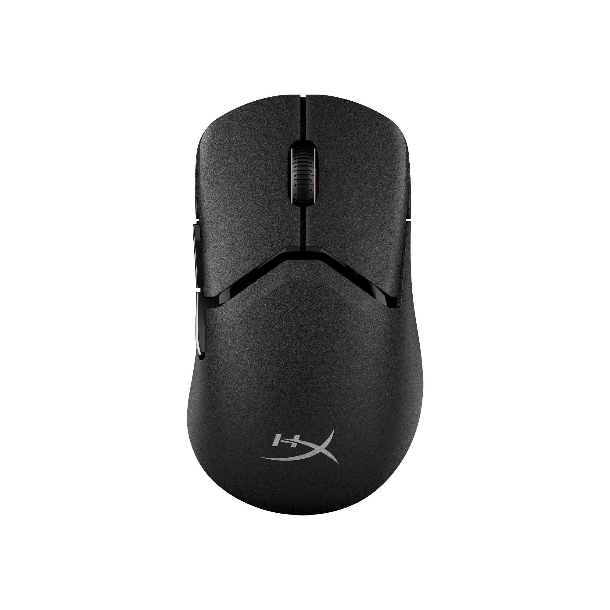 A black computer mouse against a white background. It has a scroll wheel, two buttons, and a logo. The mouse is in a top-down view.