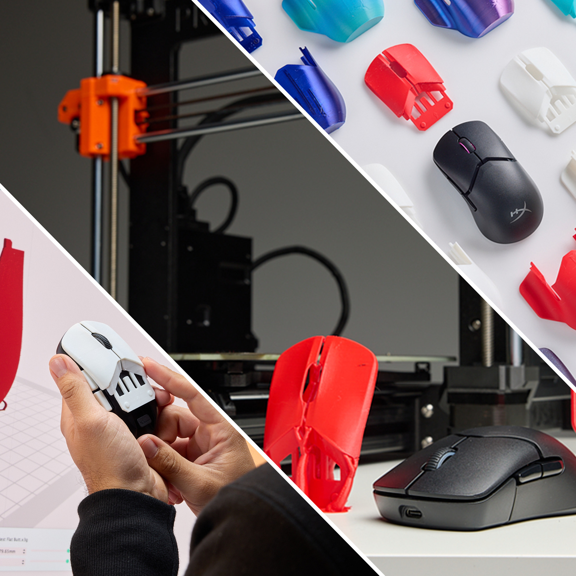 A collage shows a 3D printer, mouse parts, and assembled mice. Colors include orange, red, black, white, and blue.