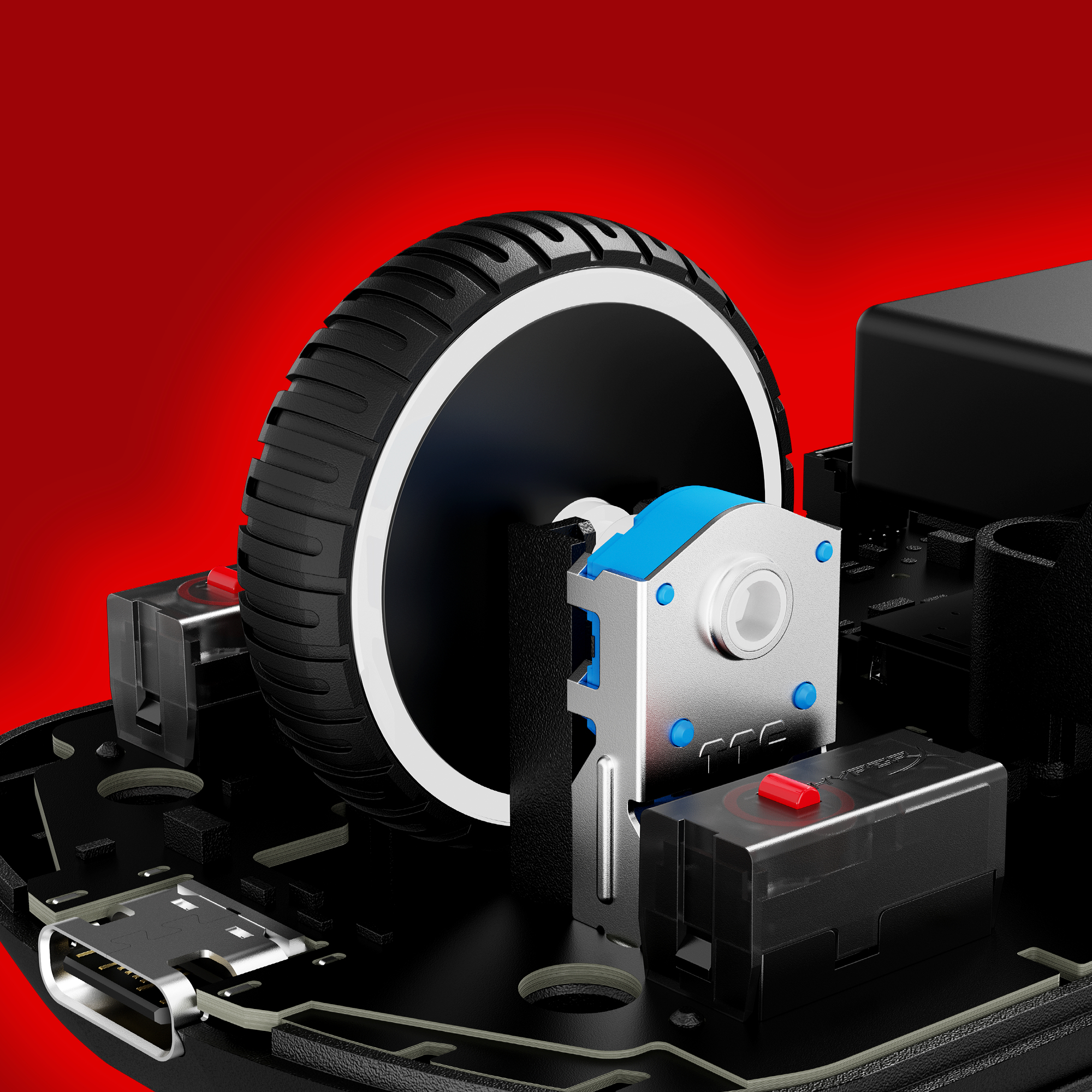 Close-up of a computer mouse with a black and white wheel, red buttons, and a red background.