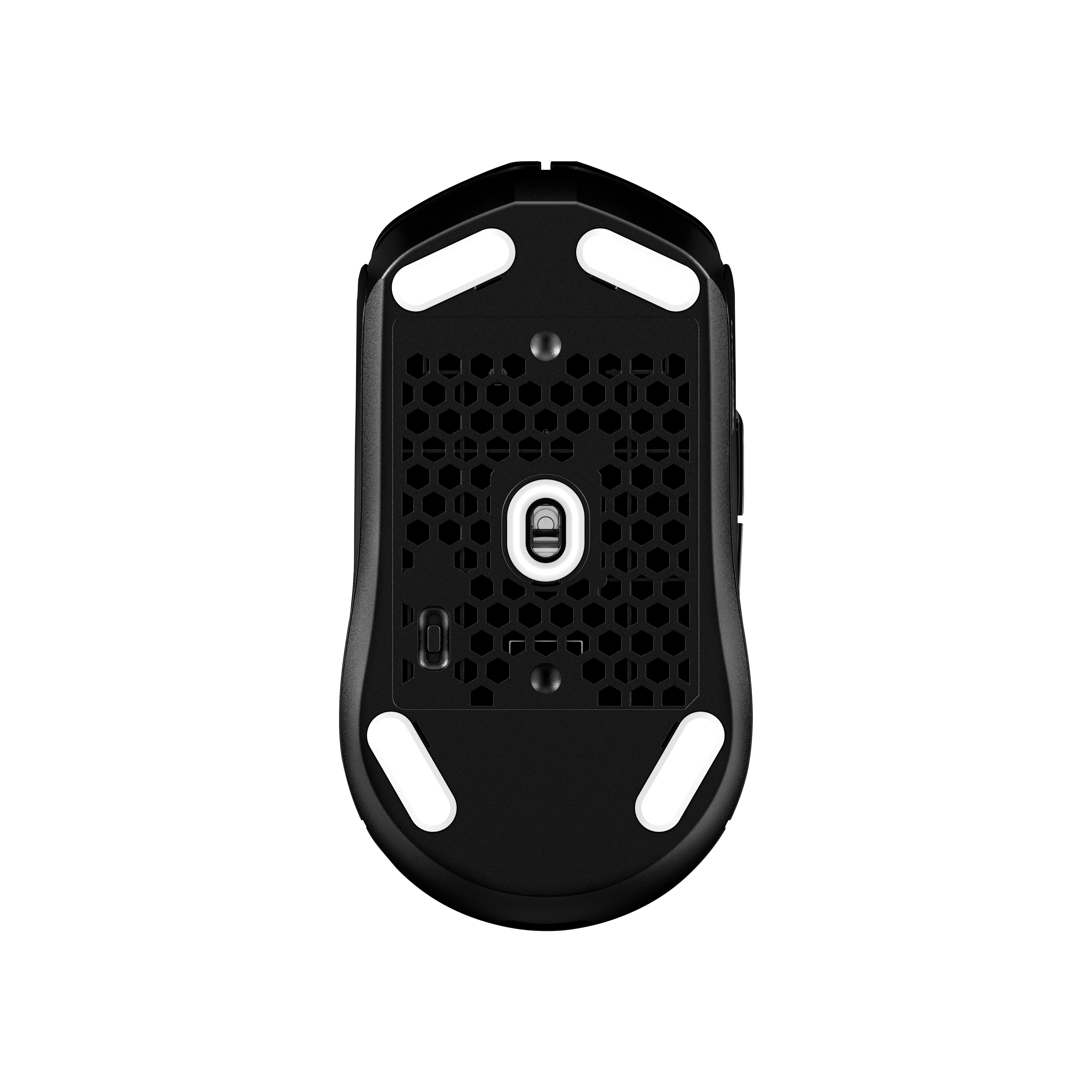 Black gaming mouse bottom view. Features honeycomb pattern, white feet, and a central sensor. Isolated on white.