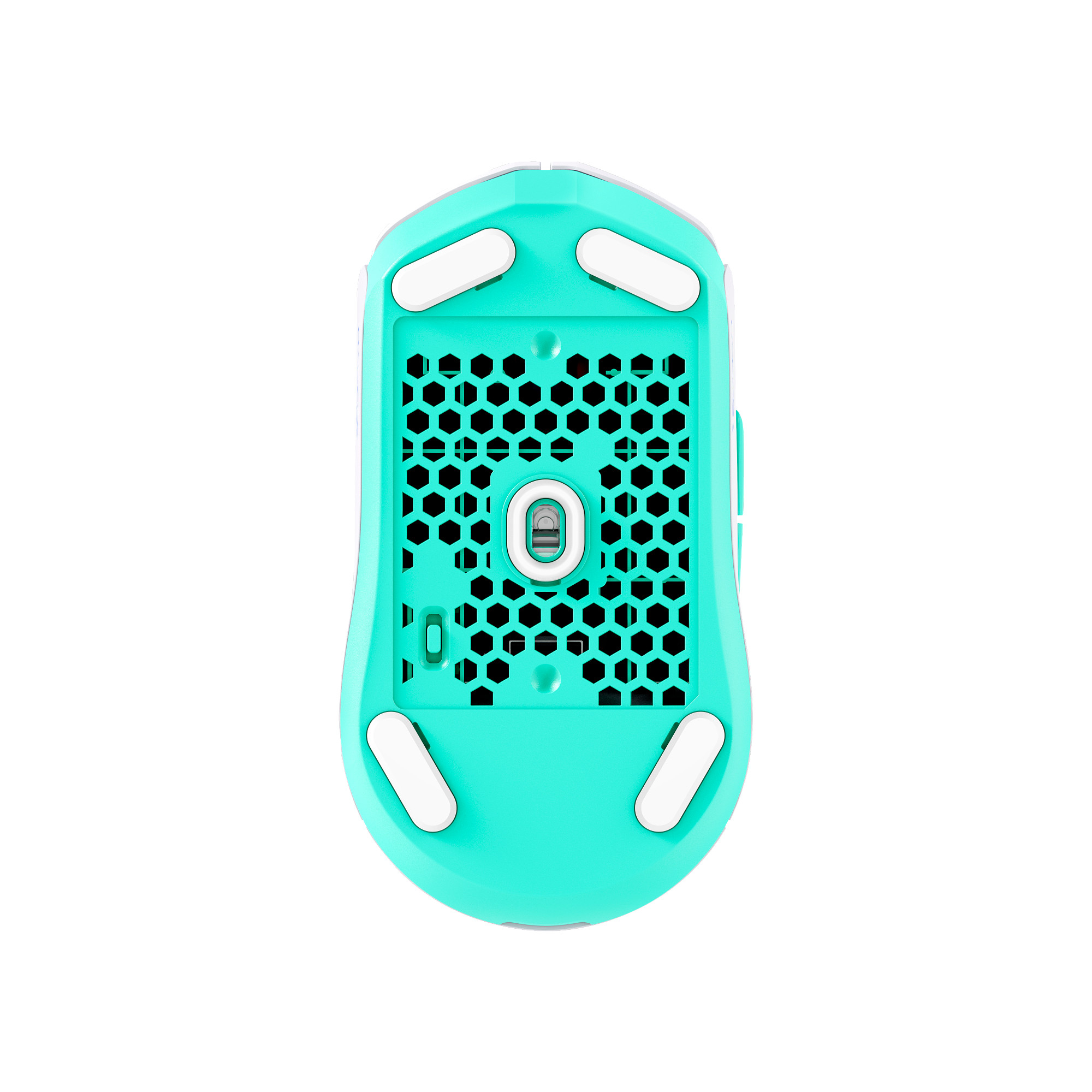 Bottom view of a turquoise gaming mouse. White pads are on the corners. Black honeycomb vent and a white ring around the sensor.