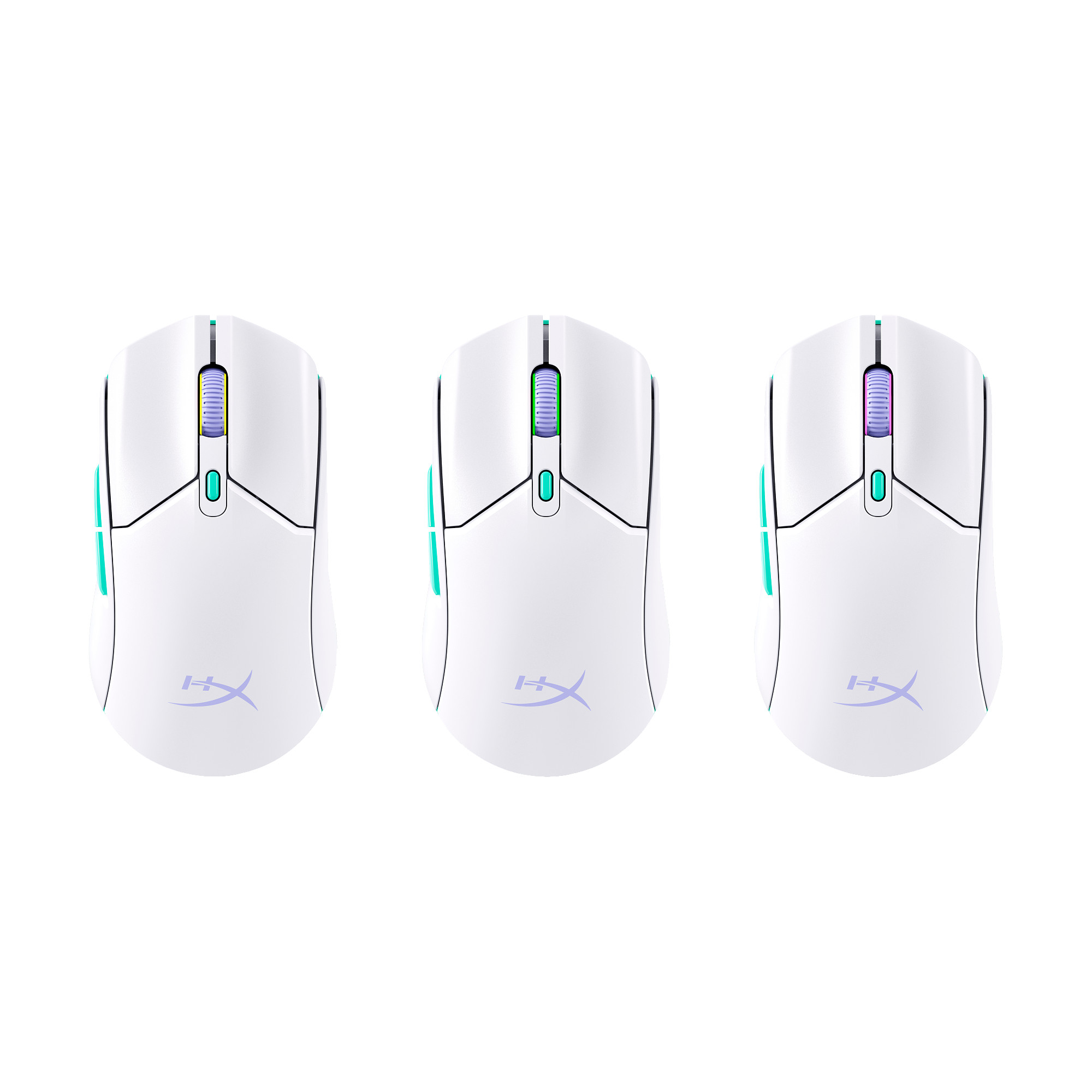 Three white computer mice with purple and green accents are on a white background. Each mouse has a logo.