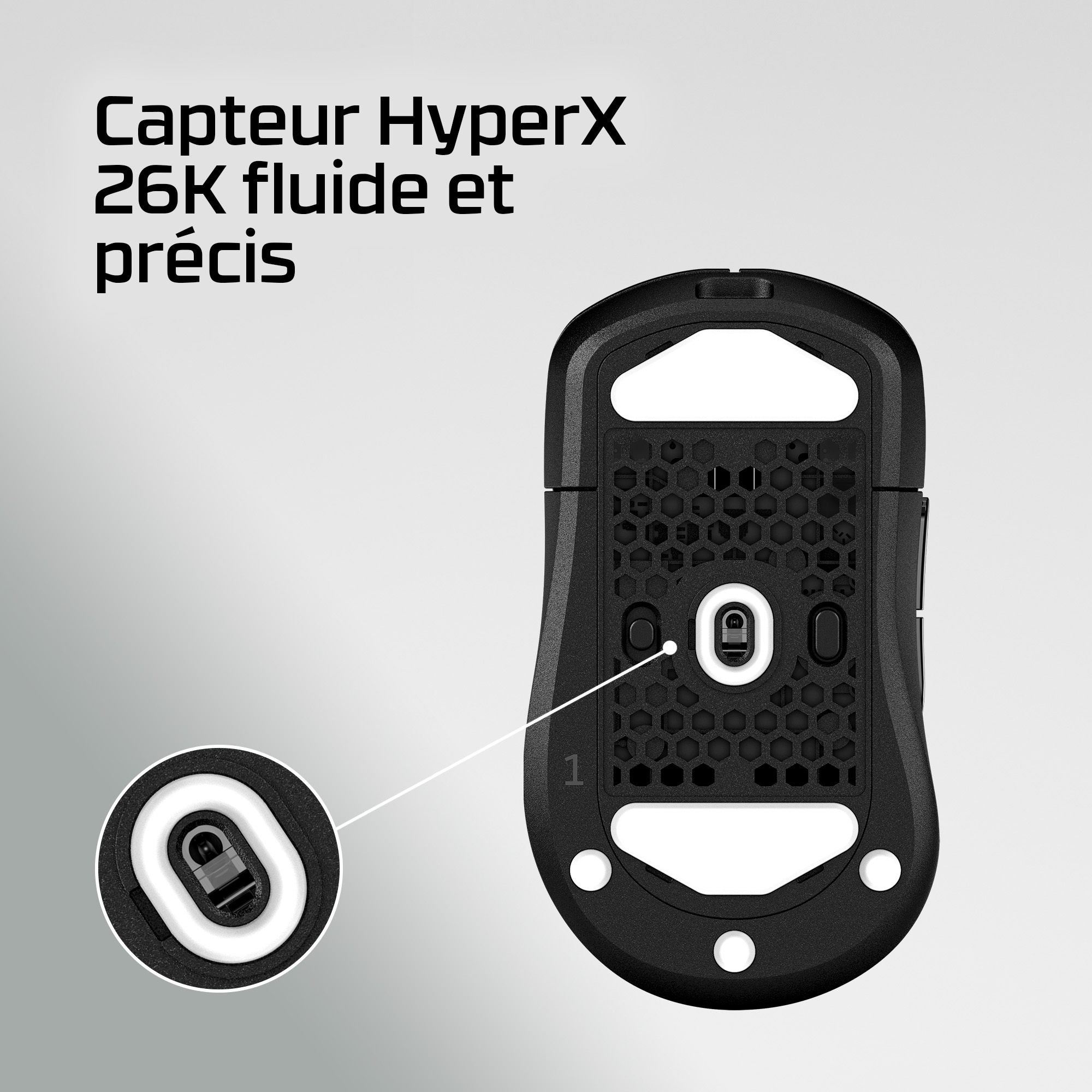 Black gaming mouse with honeycomb pattern, white accents, and a close-up of the sensor. Text says 'HyperX 26K'.