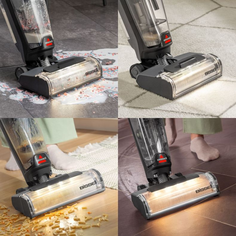 Odkurzacz Bissell czyści różne powierzchnie z różnymi rozlanymi substancjami: mlekiem, dywanem, makaronem i kafelkami. Każde ujęcie pokazuje odkurzacz w użyciu.