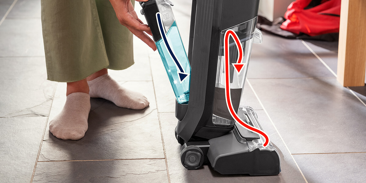 Osoba wyjmuje zbiornik na wodę z odkurzacza. Strzałki wskazują przepływ wody. Podłoga jest wyłożona kafelkami.