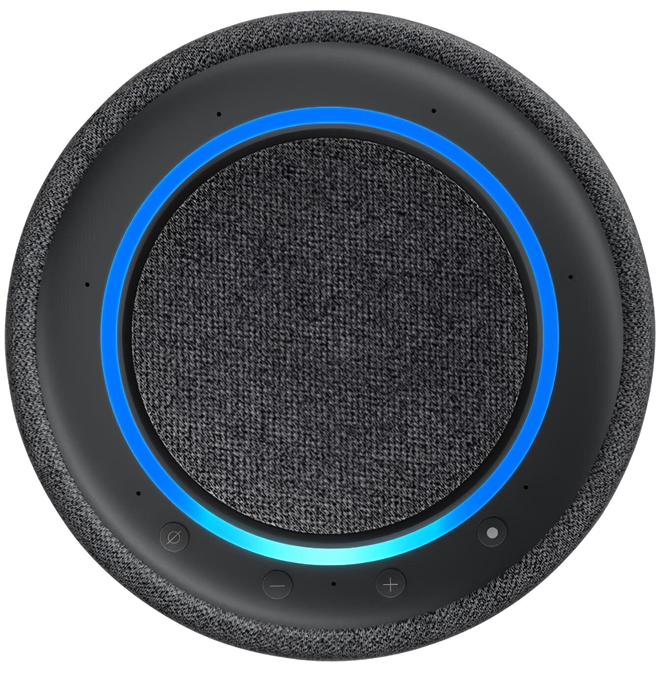 Okrągły głośnik inteligentny z materiałowym wykończeniem i niebieskim pierścieniem świetlnym. Posiada regulację głośności i wyciszania.