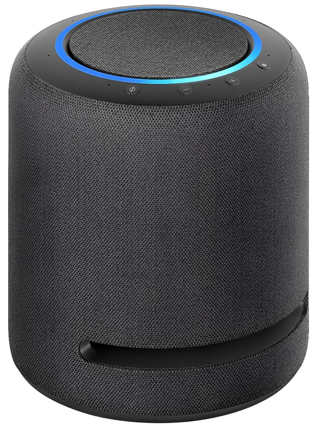 Cylindryczny głośnik smart w kolorze szarym. Ma niebieski pierścień świetlny na górze i przyciski sterowania. Głośnik ma zakrzywioną podstawę.