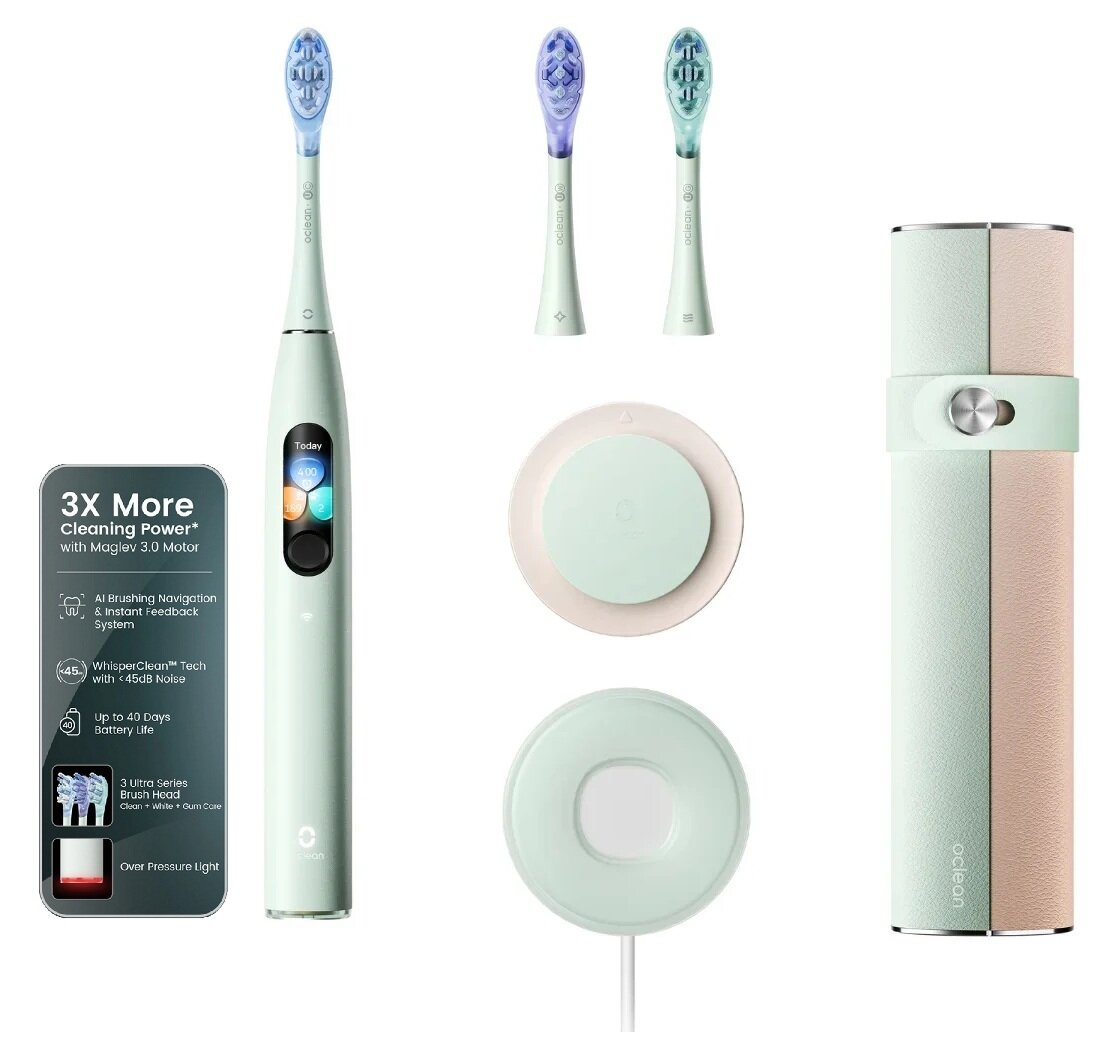 Zestaw szczoteczki elektrycznej. Zawiera szczoteczkę, głowice, podstawy ładujące i etui podróżne. Schemat kolorów to mięta i brzoskwinia.