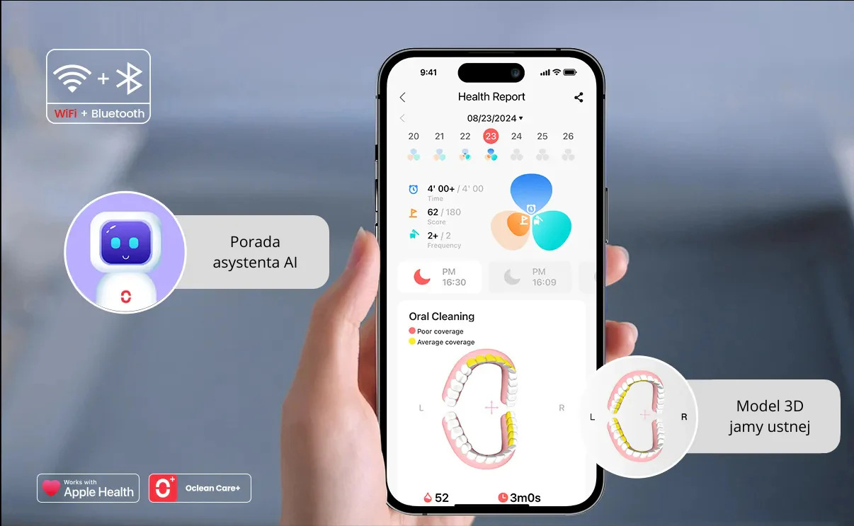 Telefon wyświetla raport zdrowia zębów. Ręka trzyma telefon. Grafika obejmuje diagramy zębów i asystenta AI.