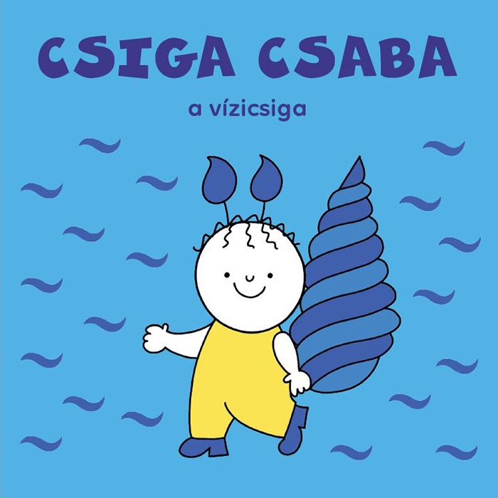 Rajzolt csigahős kagylóval, sárga ruhában, kék háttéren, felül felirattal.