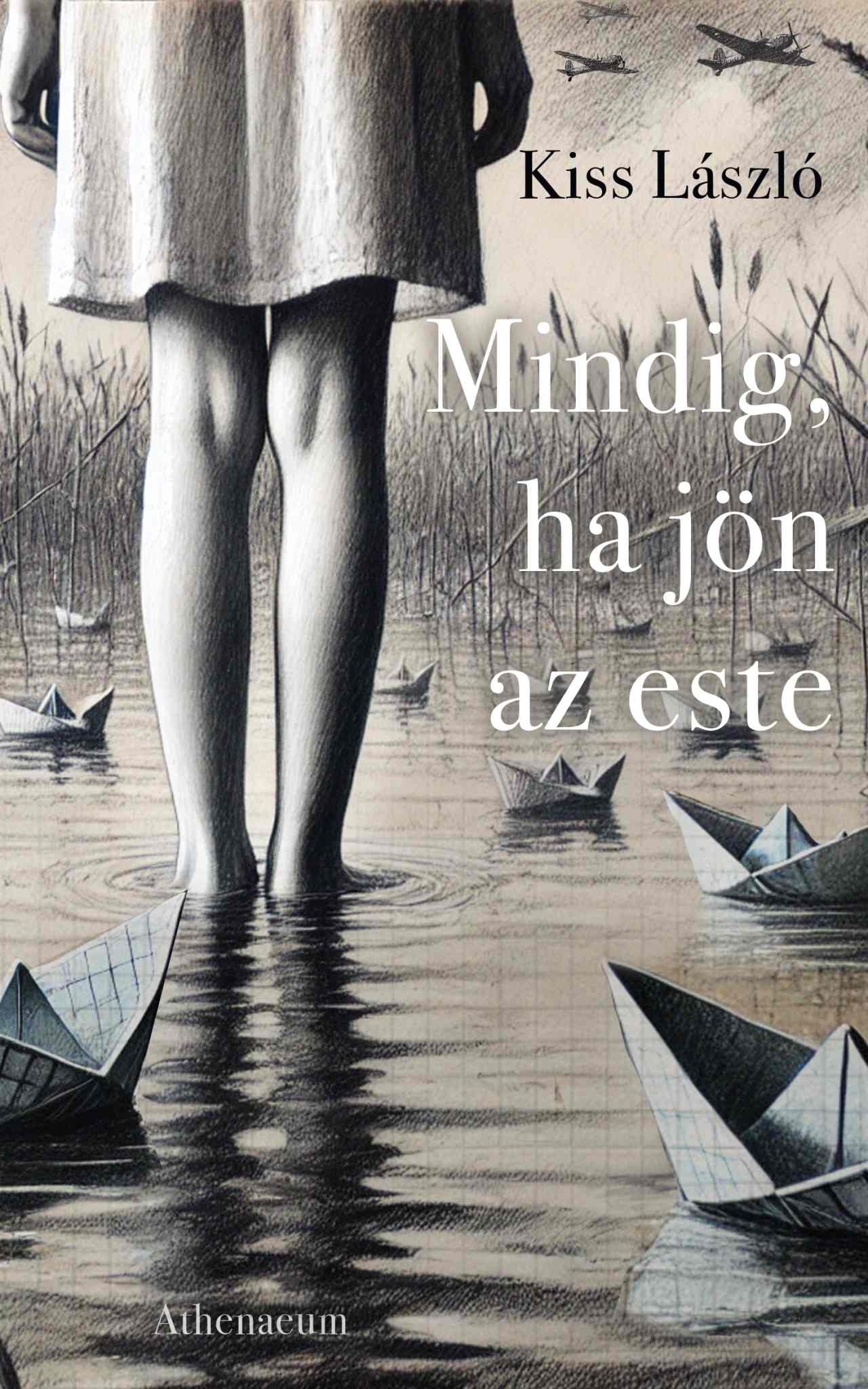 Egy személy illusztrációja, amint a vízben áll papírhajókkal. A kép magyar nyelvű szöveget és kis repülőgépeket tartalmaz.