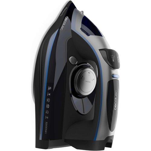 Czarne i srebrne żelazko z niebieskimi akcentami. Posiada pokrętło regulacji temperatury i przycisk spryskiwacza. Marka to Cecotec.