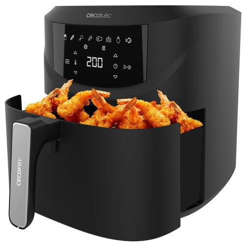 Czarna frytownica powietrzna z krewetkami w środku. Wyświetlacz pokazuje 200. Uchwyt ma srebrny akcent.