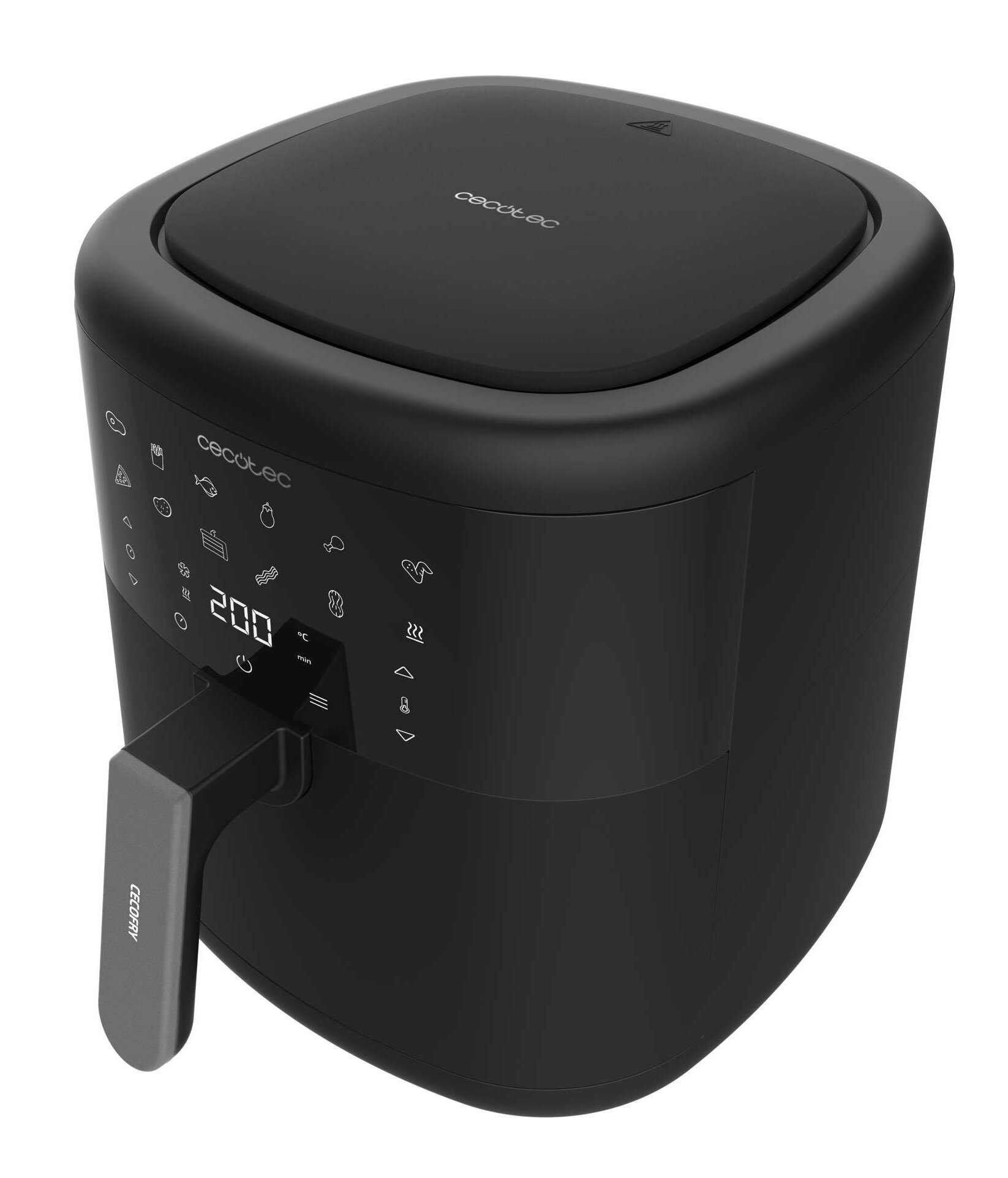 Czarna frytownica Cecotec. Posiada cyfrowy wyświetlacz pokazujący 200 stopni. Uchwyt z napisem Celofry znajduje się z boku.