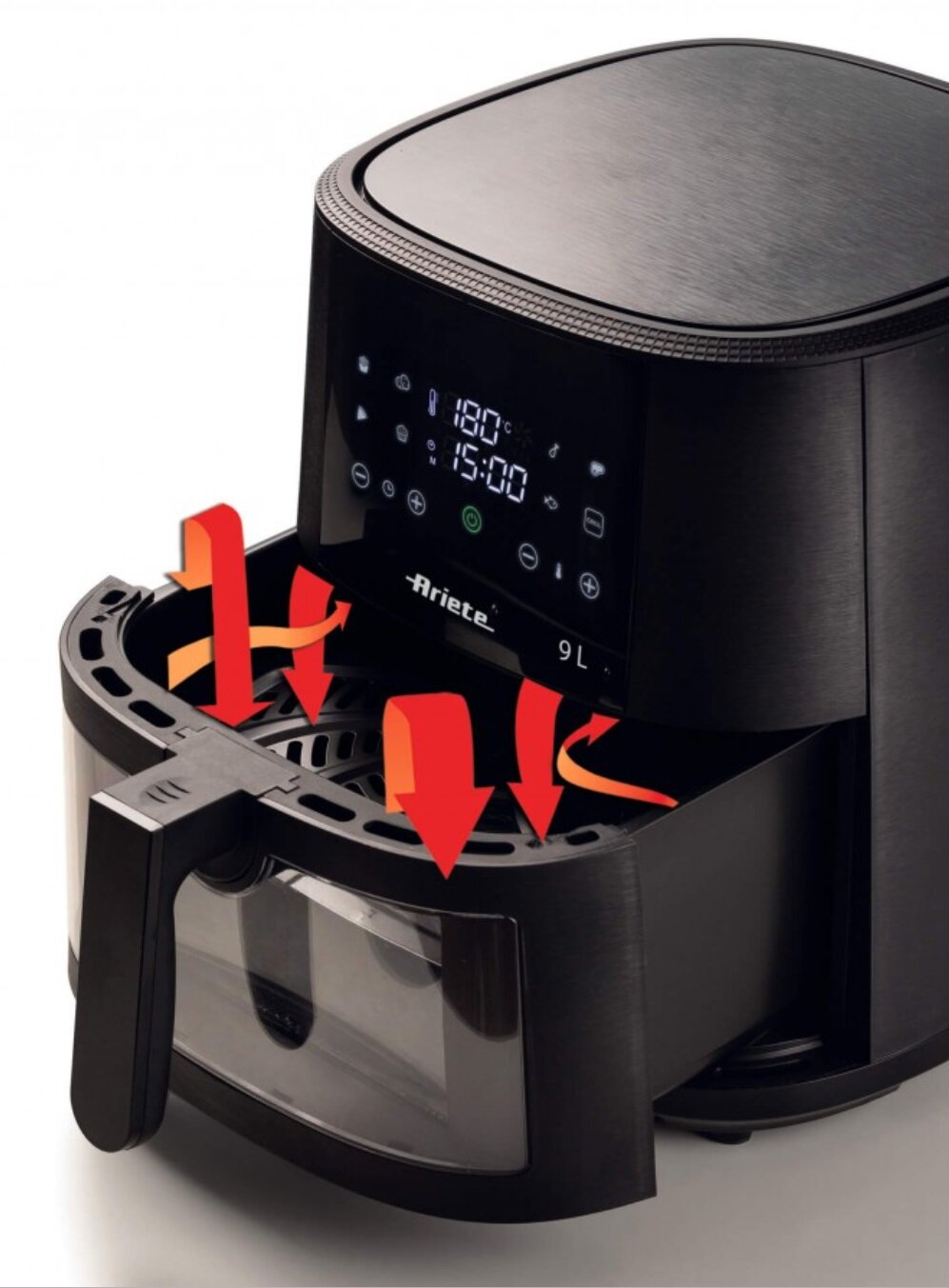 Czarna frytkownica powietrzna z otwartą szufladą. Strzałki wskazują przepływ powietrza. Wyświetlacz cyfrowy pokazuje temperaturę i czas. Ariete.