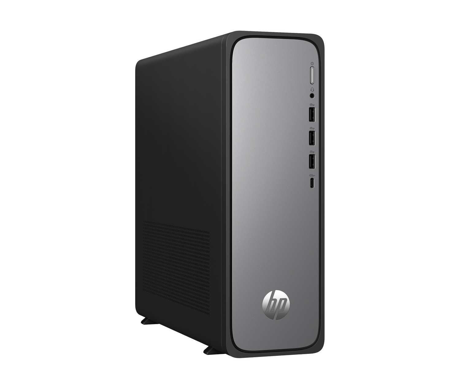 Un ordenador de sobremesa HP negro y gris. La parte delantera tiene un panel gris con puertos y el logotipo de HP.
