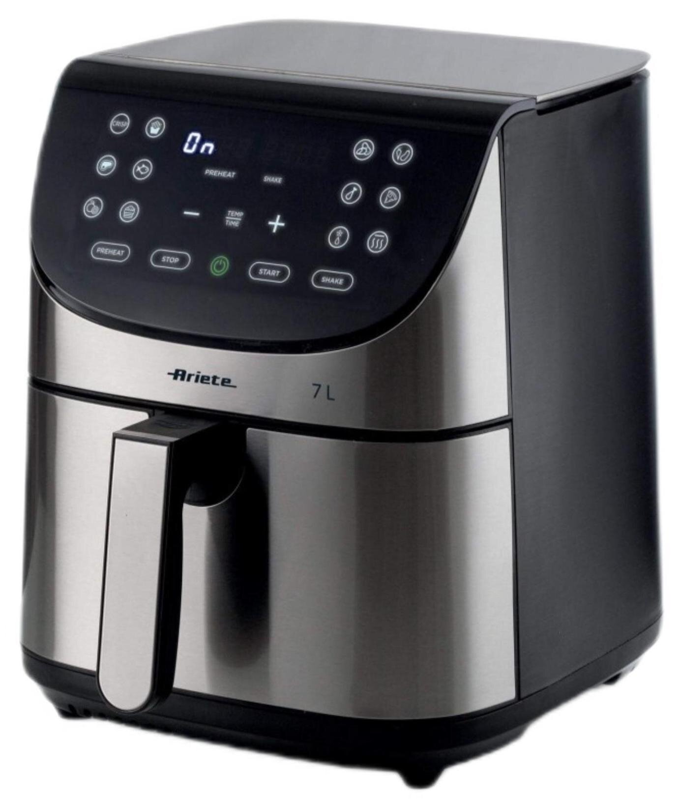 Frytkownica powietrzna. Posiada wyświetlacz cyfrowy i przyciski. Jest srebrna i czarna. Marka to Ariete.