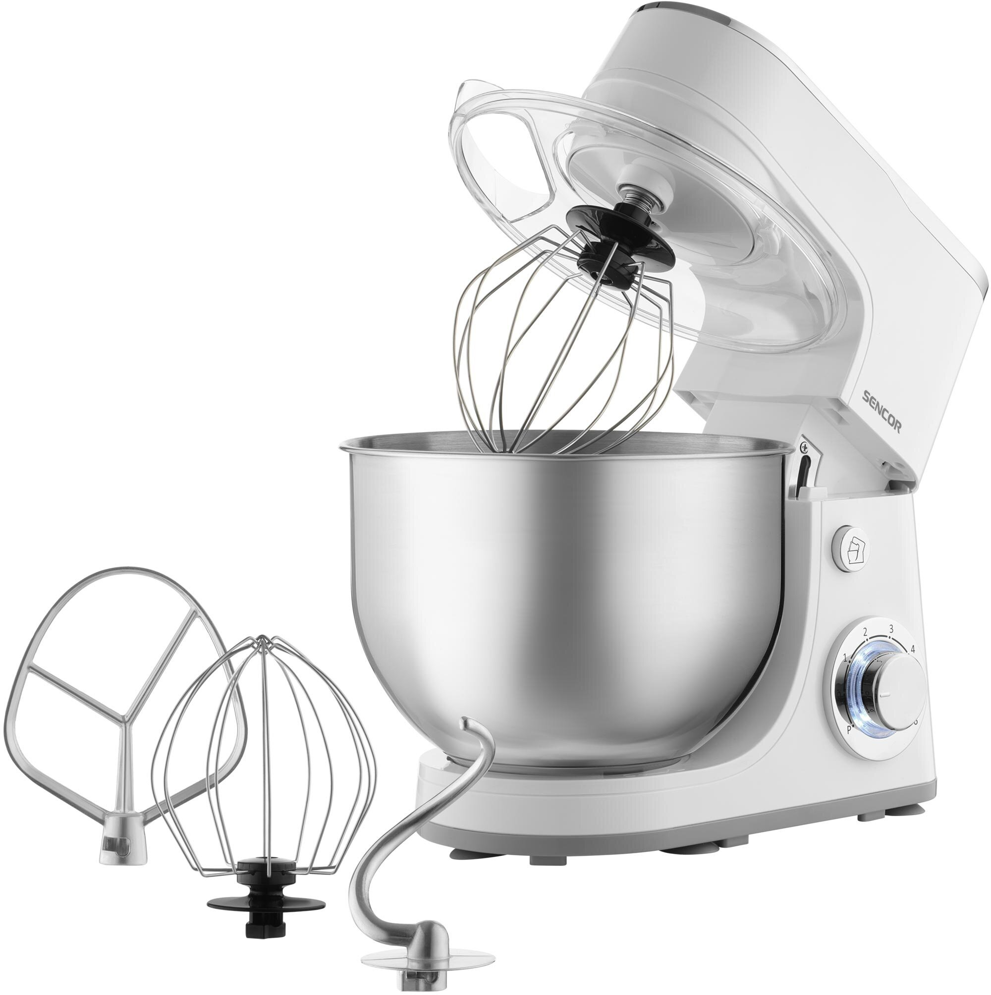 Biały mikser stojący ze stalową misą, trzepaczką i dodatkowymi akcesoriami na białej powierzchni.
