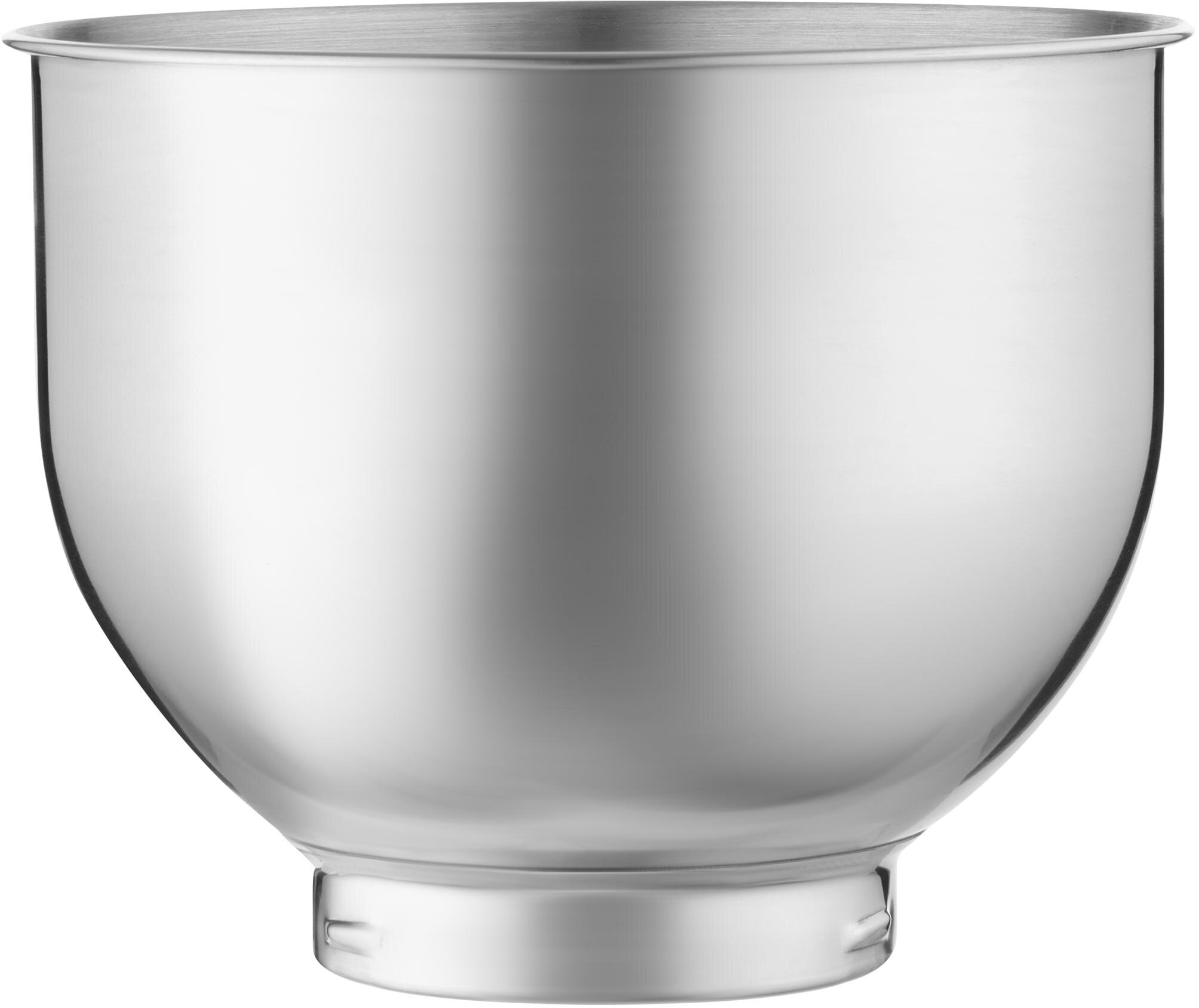 Błyszcząca, srebrna metalowa misa. Jest pusta i ma szeroki, zakrzywiony kształt z zaokrągloną podstawą.