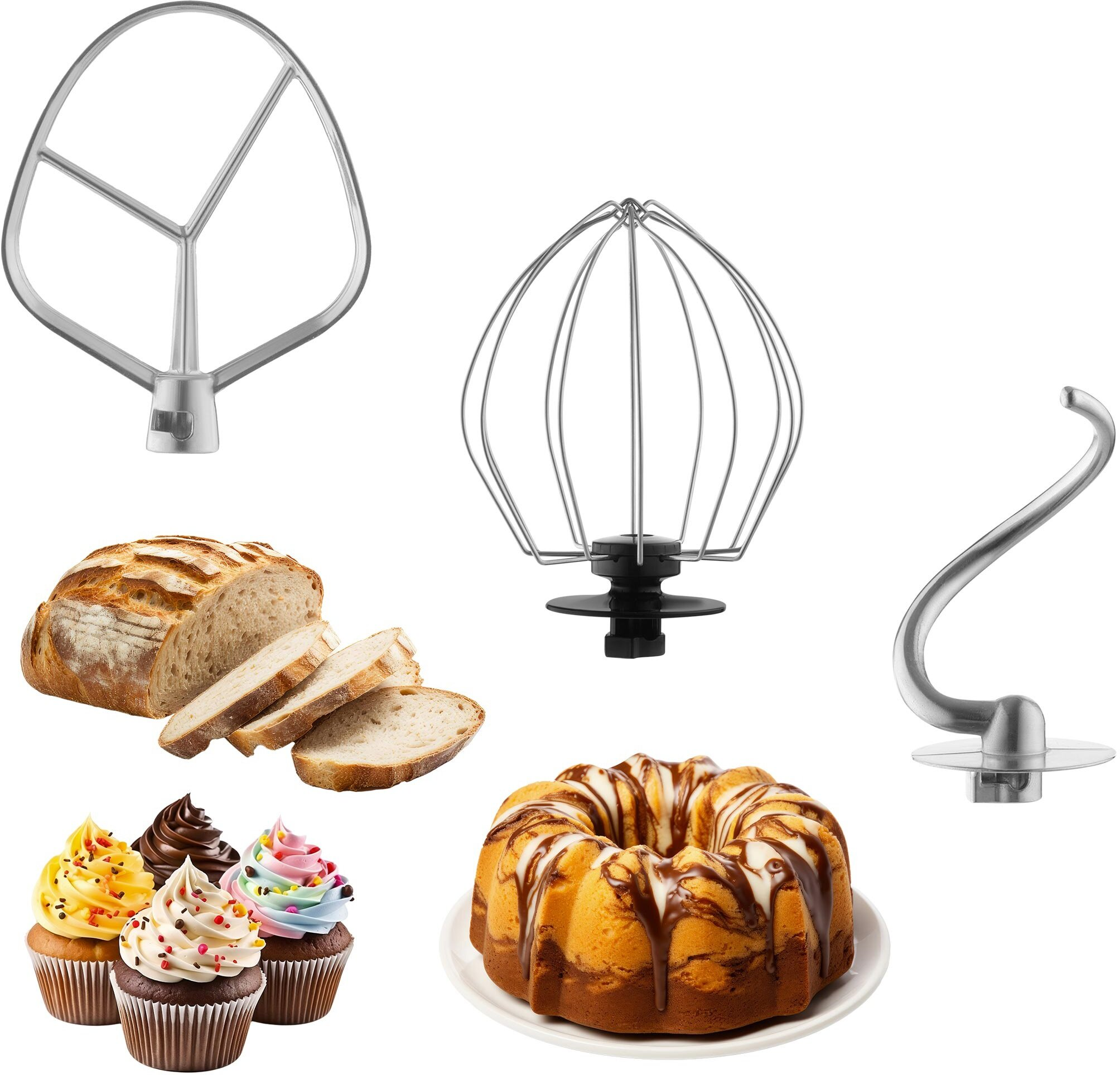 Obraz przedstawia narzędzia do pieczenia i wypieki: kromki chleba, babeczki i babkę. Zawiera hak do ciasta, trzepaczkę i ubijaczkę.