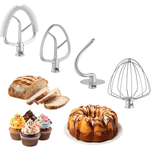 Obraz przedstawia różne przystawki do miksera. Chleb, ciasto i babeczki są wokół nich rozmieszczone. Białe tło.