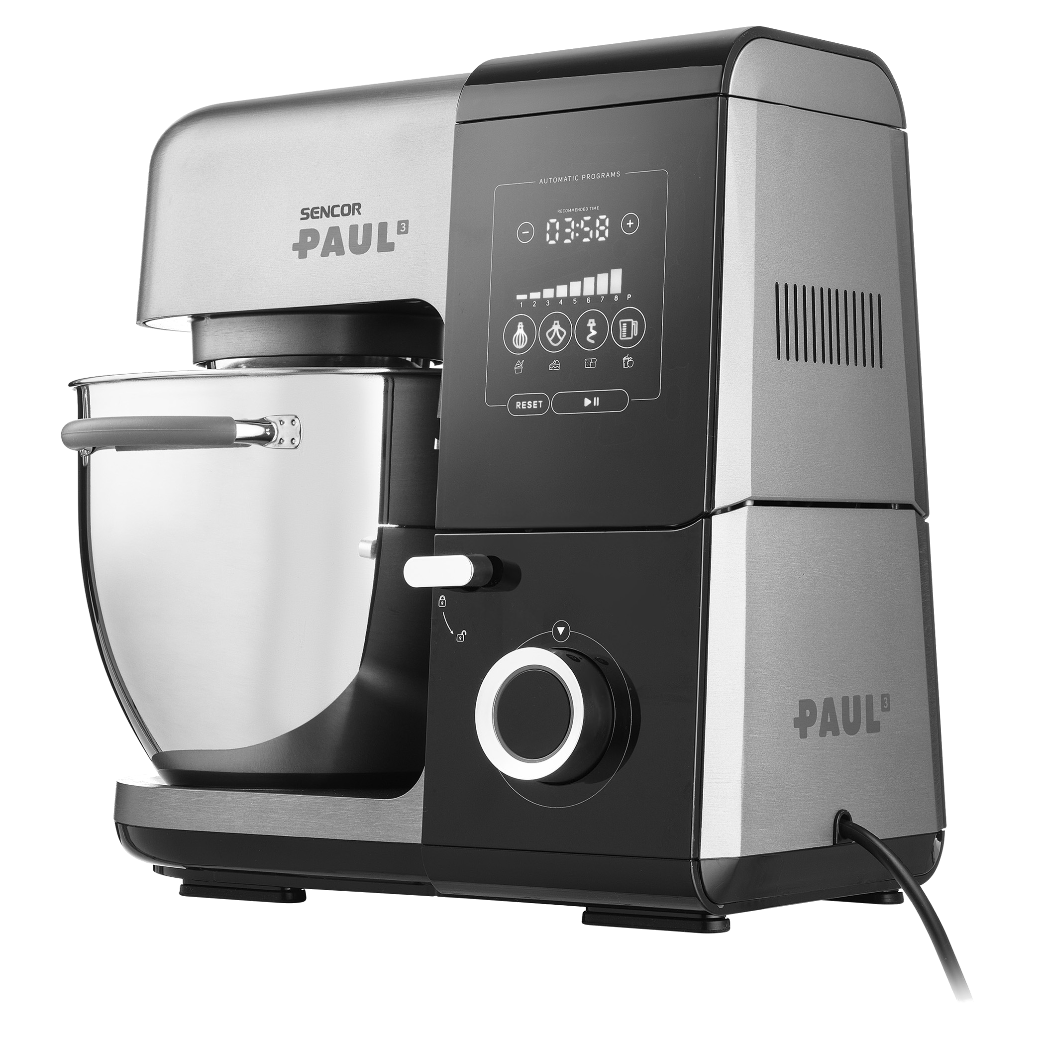 Srebrny i czarny mikser Sencor Paul. Posiada cyfrowy wyświetlacz pokazujący czas i różne ikony programów. Czarny przewód jest podłączony.