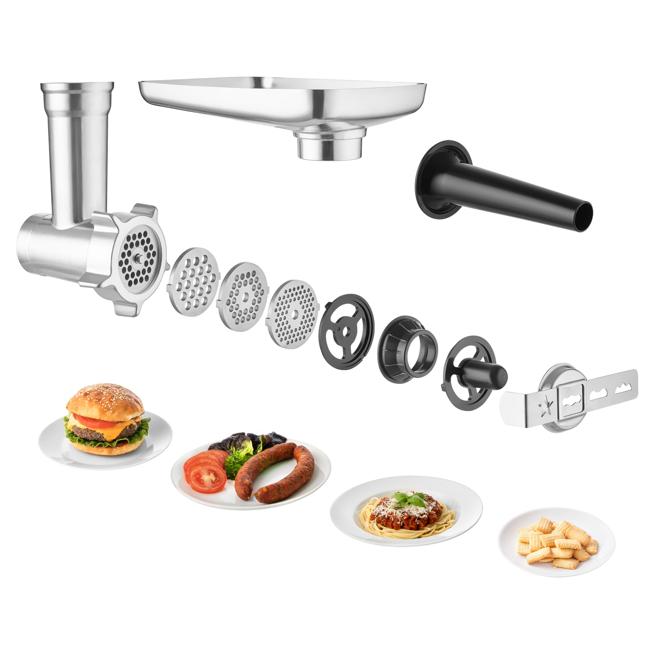 Widok rozstrzelony maszynki do mięsa z oddzielonymi elementami. Talerze z jedzeniem: burger, kiełbasa, makaron, krakersy.