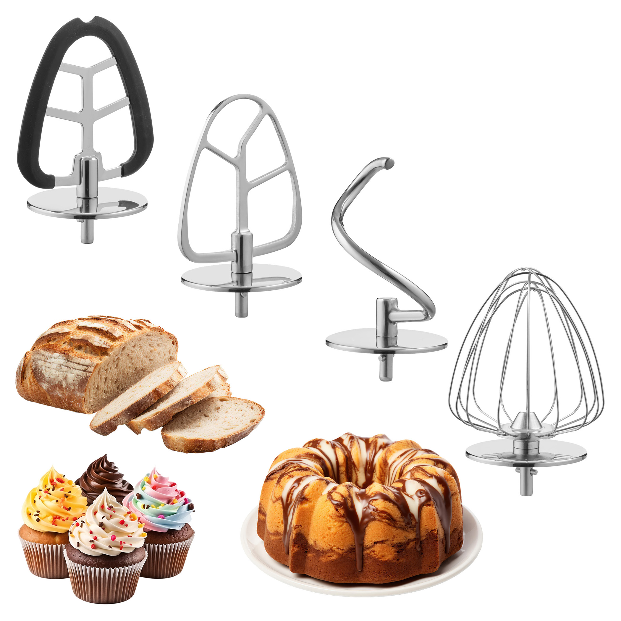 Obraz przedstawia narzędzia do pieczenia, chleb, babeczki i ciasto. Narzędzia obejmują hak do ciasta, akcesoria do mieszania.