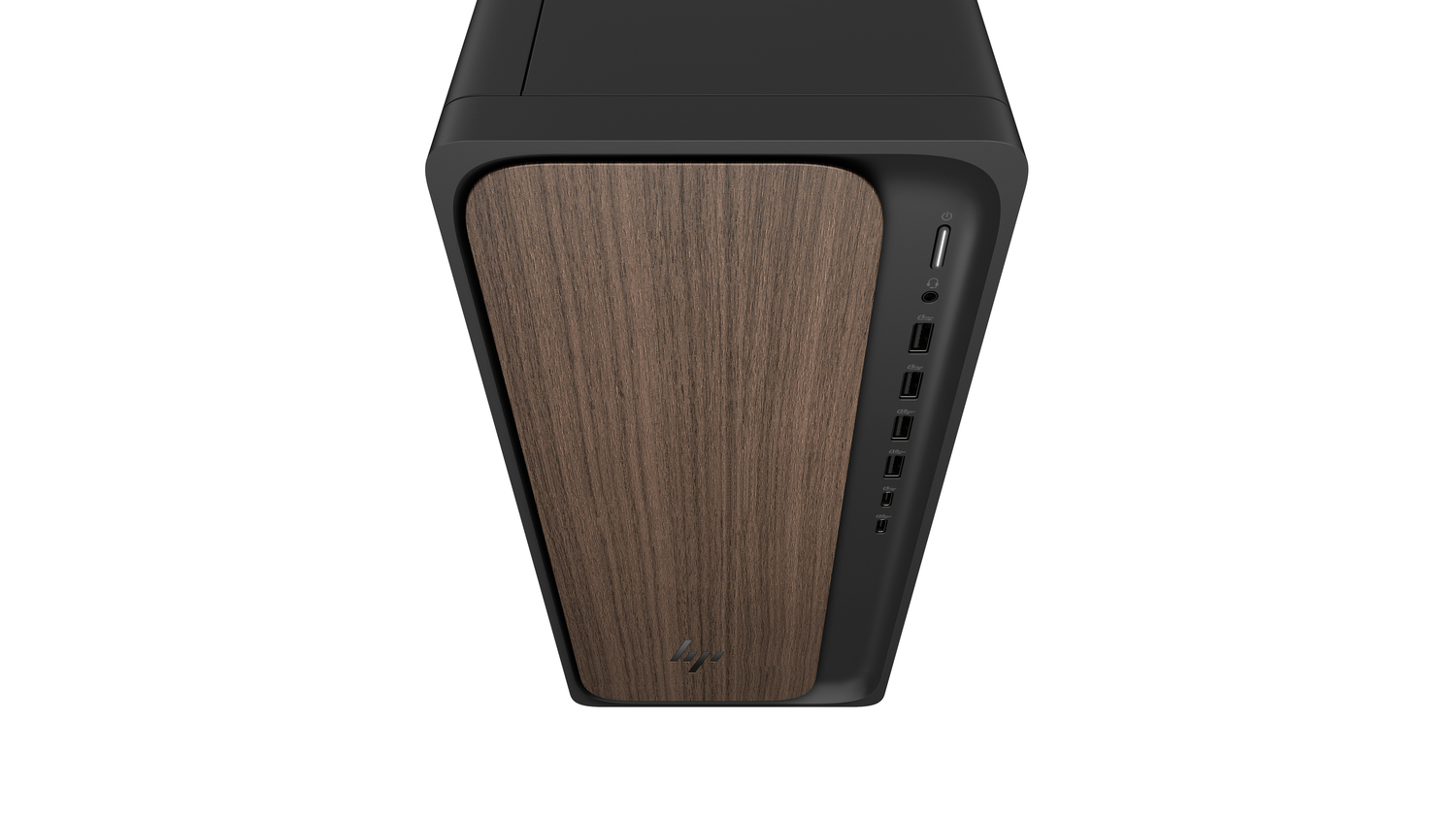 Una carcasa de computadora negra con un panel frontal de vetas de madera. Puertos y un botón de encendido están en el lateral.