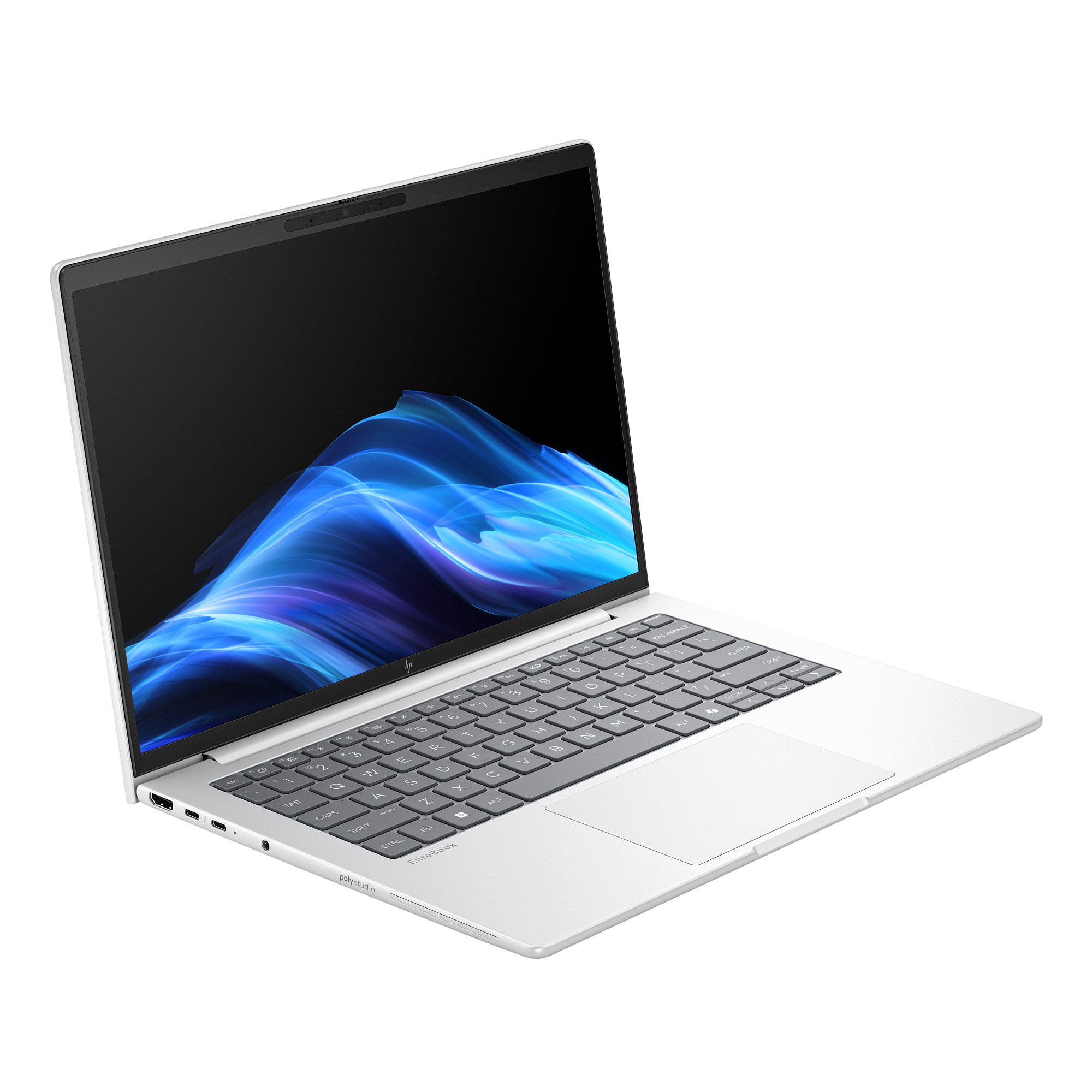 Silberner Laptop, geöffnet auf weißer Oberfläche. Der Bildschirm zeigt blaue und weiße abstrakte Formen. Tastatur sichtbar.