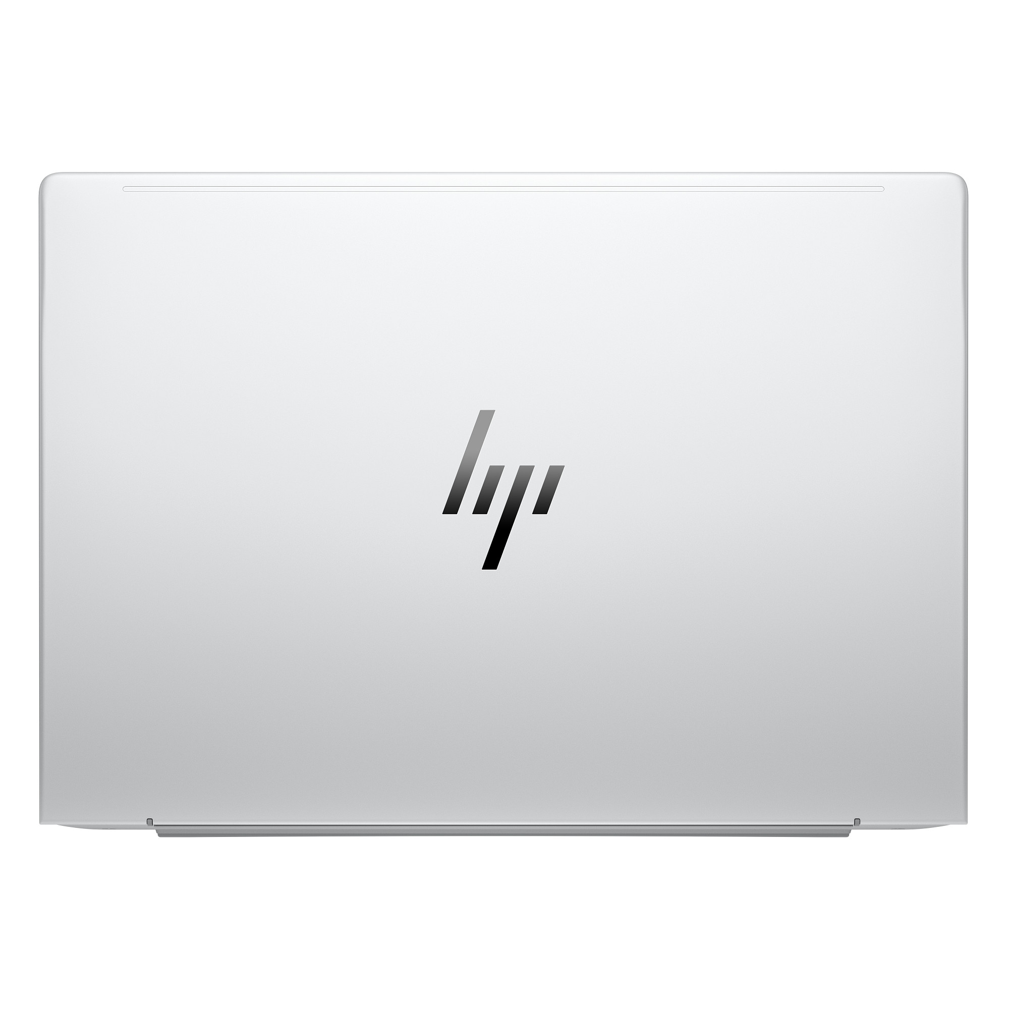 Ein silberner Laptopdeckel mit dem HP-Logo in der Mitte. Der Deckel ist geschlossen und hat eine glatte, reflektierende Oberfläche.