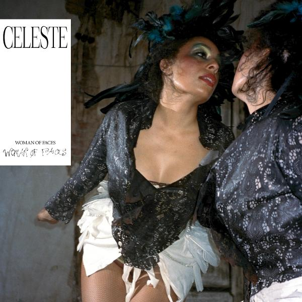 Eine Frau in einem schwarzen Spitzentop mit Federn, die in einen Spiegel blickt. Text 'CELESTE' und 'WOMAN OF FACES' sind sichtbar.