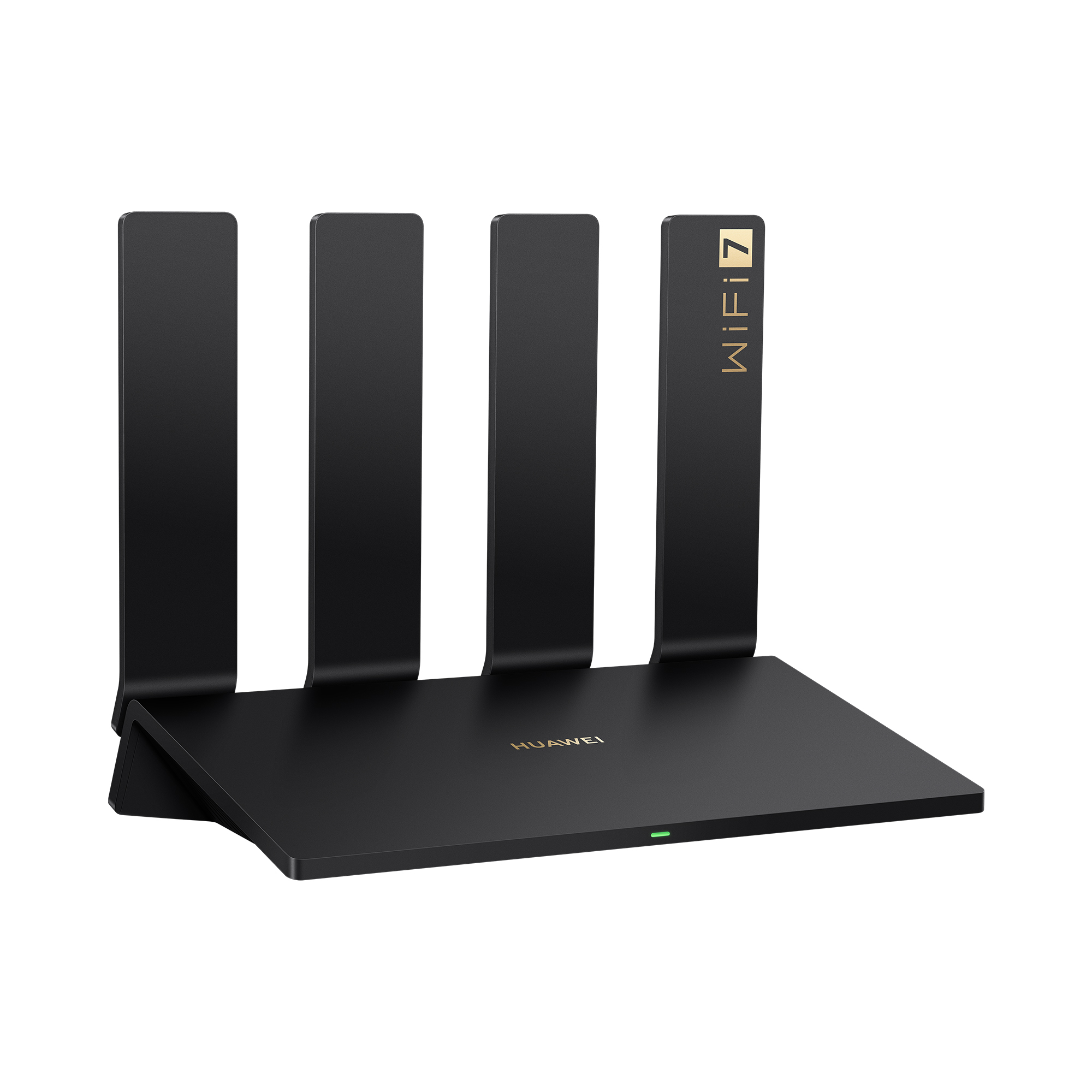 Siyah Huawei WiFi 7 yönlendirici. Dört dikey anteni var. Marka adı ve 'WiFi 7' altın renginde.