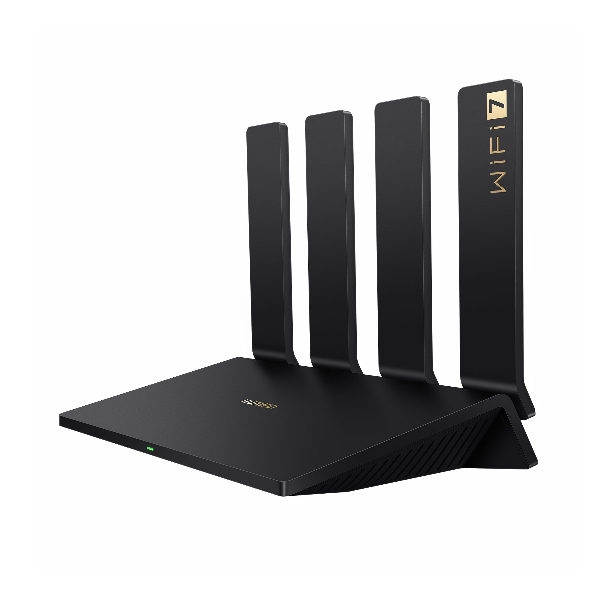 Siyah bir Huawei WiFi 7 yönlendirici. Dört dikey anteni ve üzerinde marka adı bulunan düz bir tabanı var.