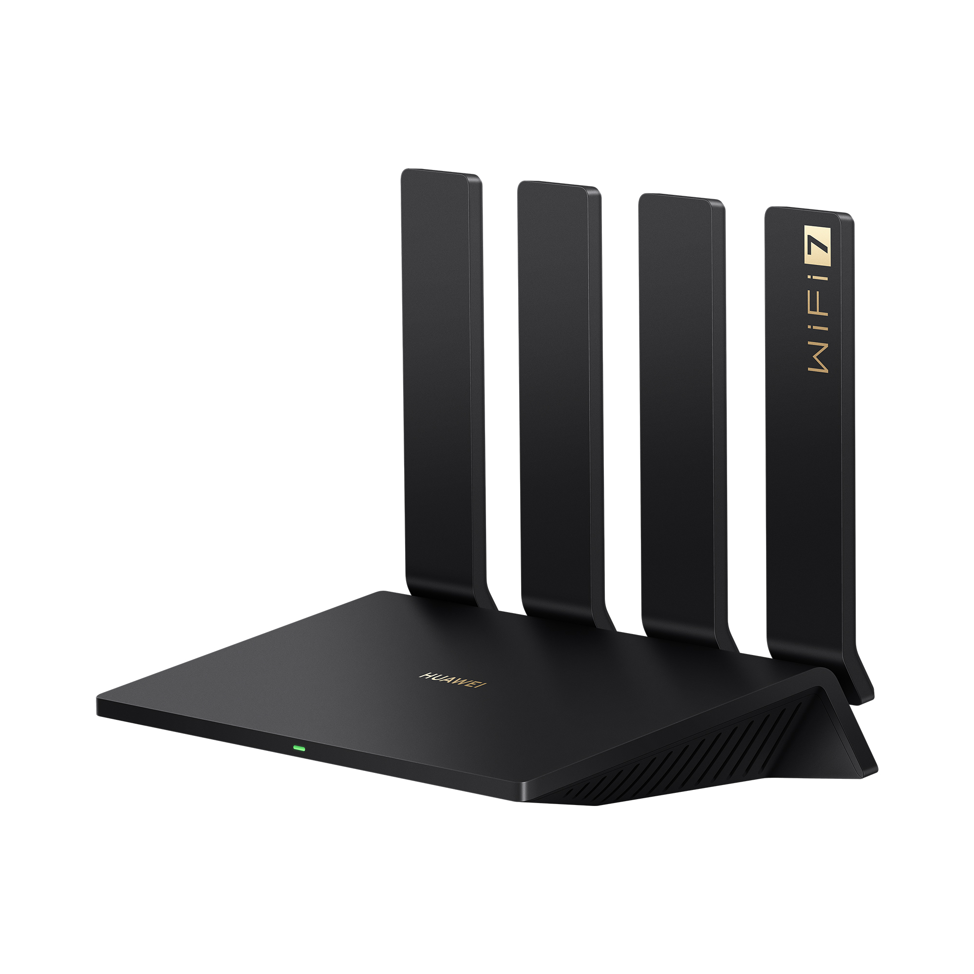 Siyah bir Huawei WiFi 7 yönlendirici. Dört anteni ve yeşil bir ışığı var. "WiFi 7" yazısı bir anten üzerinde.