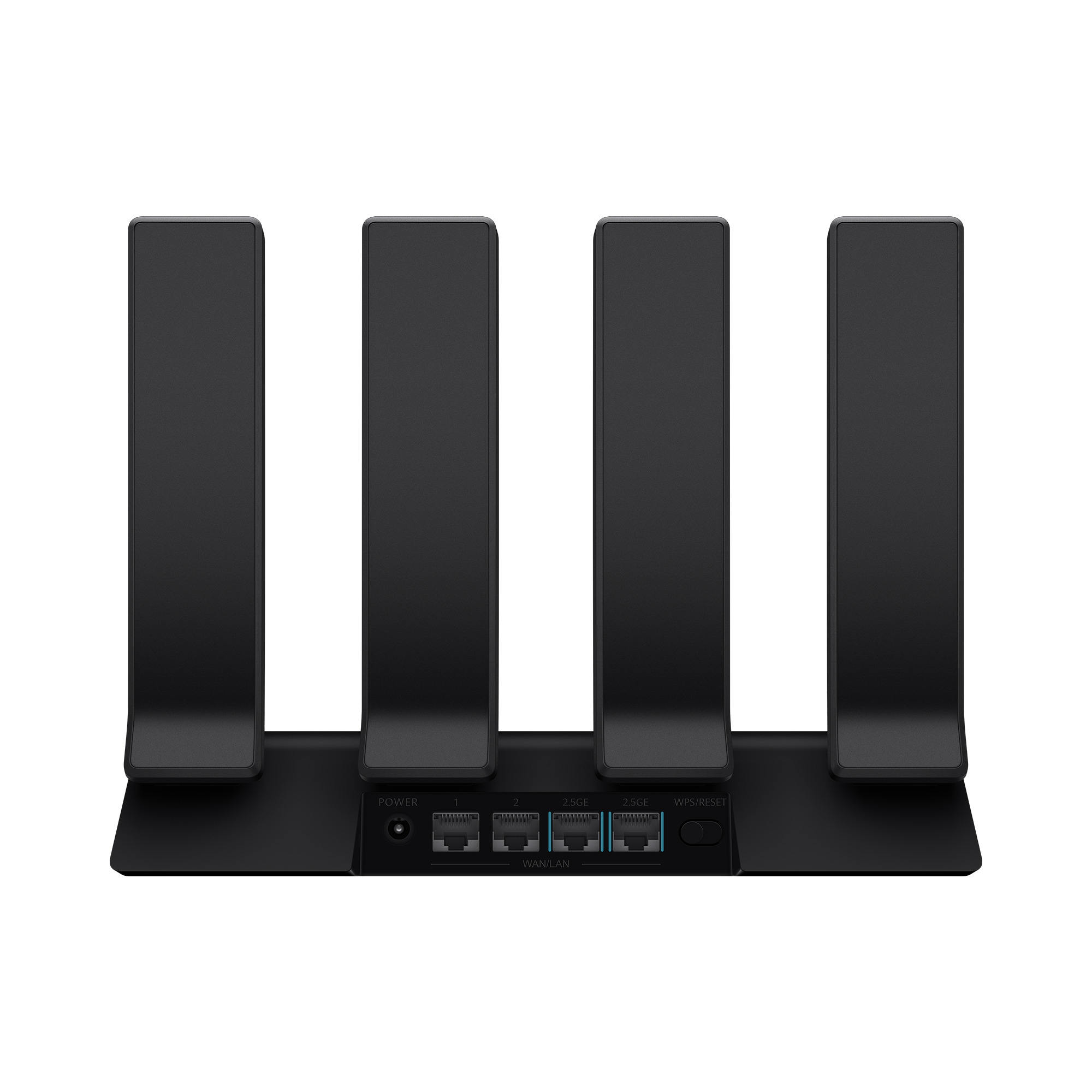 Dört dikey antenli siyah bir yönlendirici. Ön panelinde POWER, WAN/LAN ve WPS/RESET etiketli portlar bulunur.