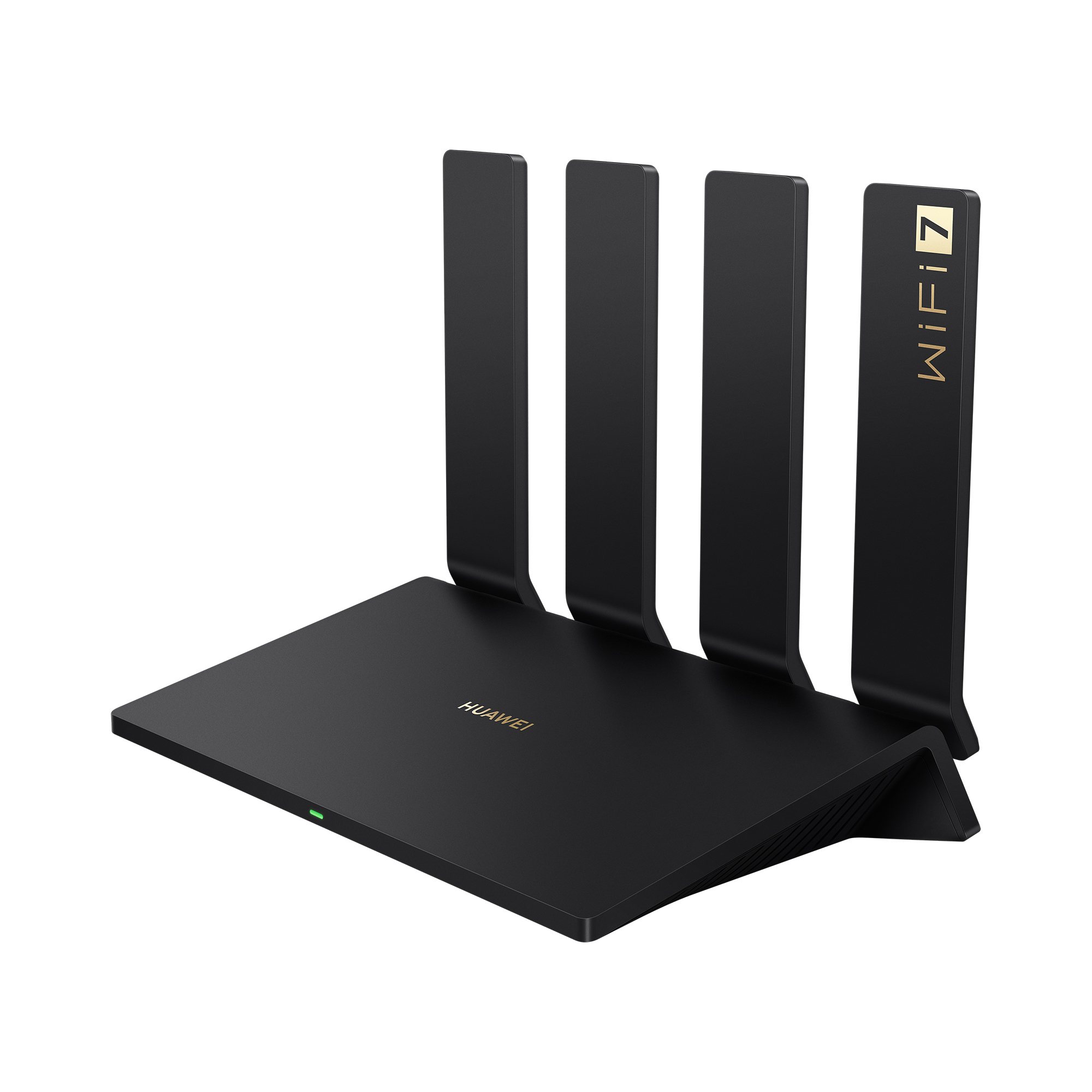 Dört antenli siyah Huawei WiFi 7 yönlendirici. Altın rengi 'WiFi 7' ve 'HUAWEI' görülebilir. Yeşil gösterge ışığı yanıyor.
