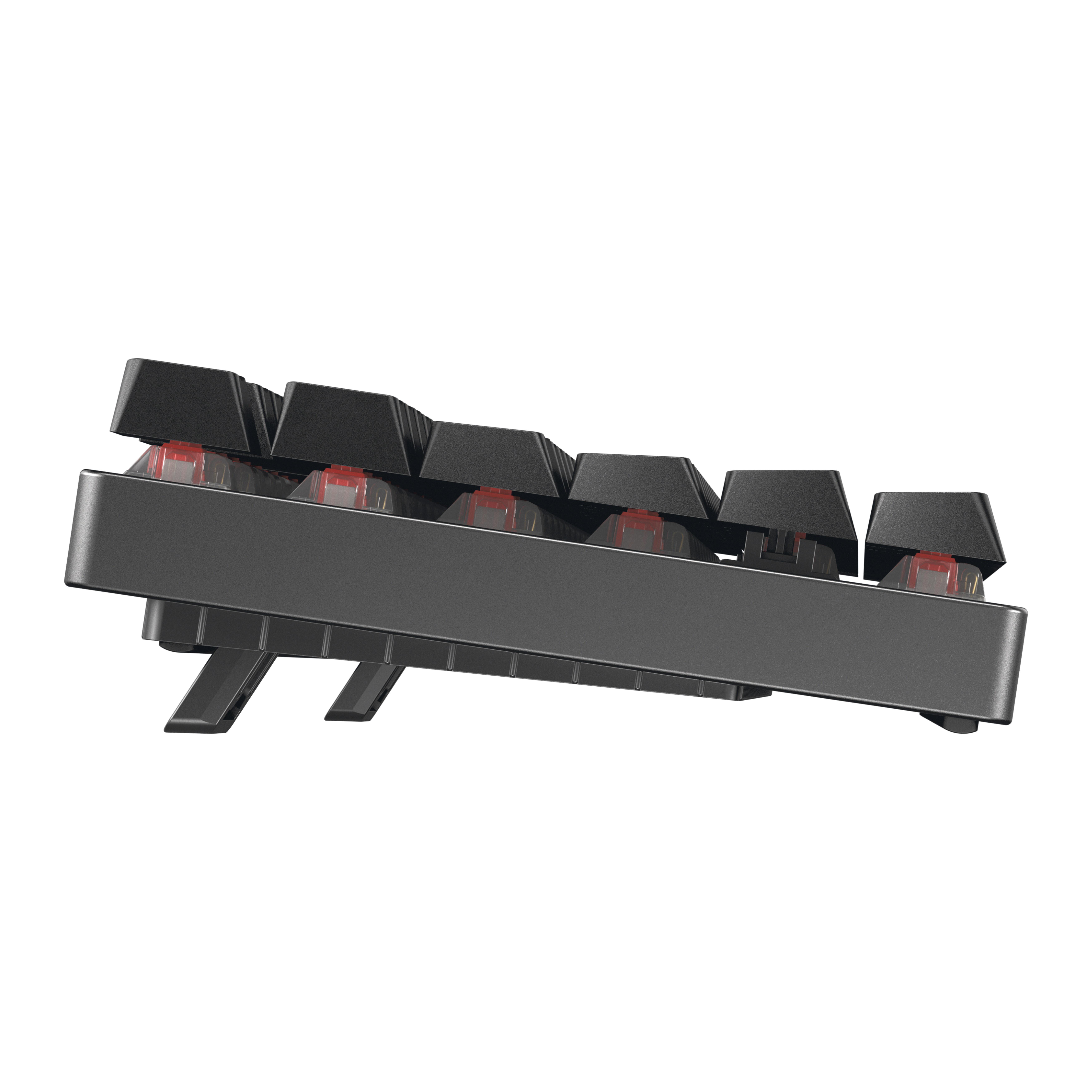 Nahaufnahme einer schwarzen mechanischen Tastatur. Tasten sind sichtbar, mit roten Schaltern. Die Tastatur ist geneigt.