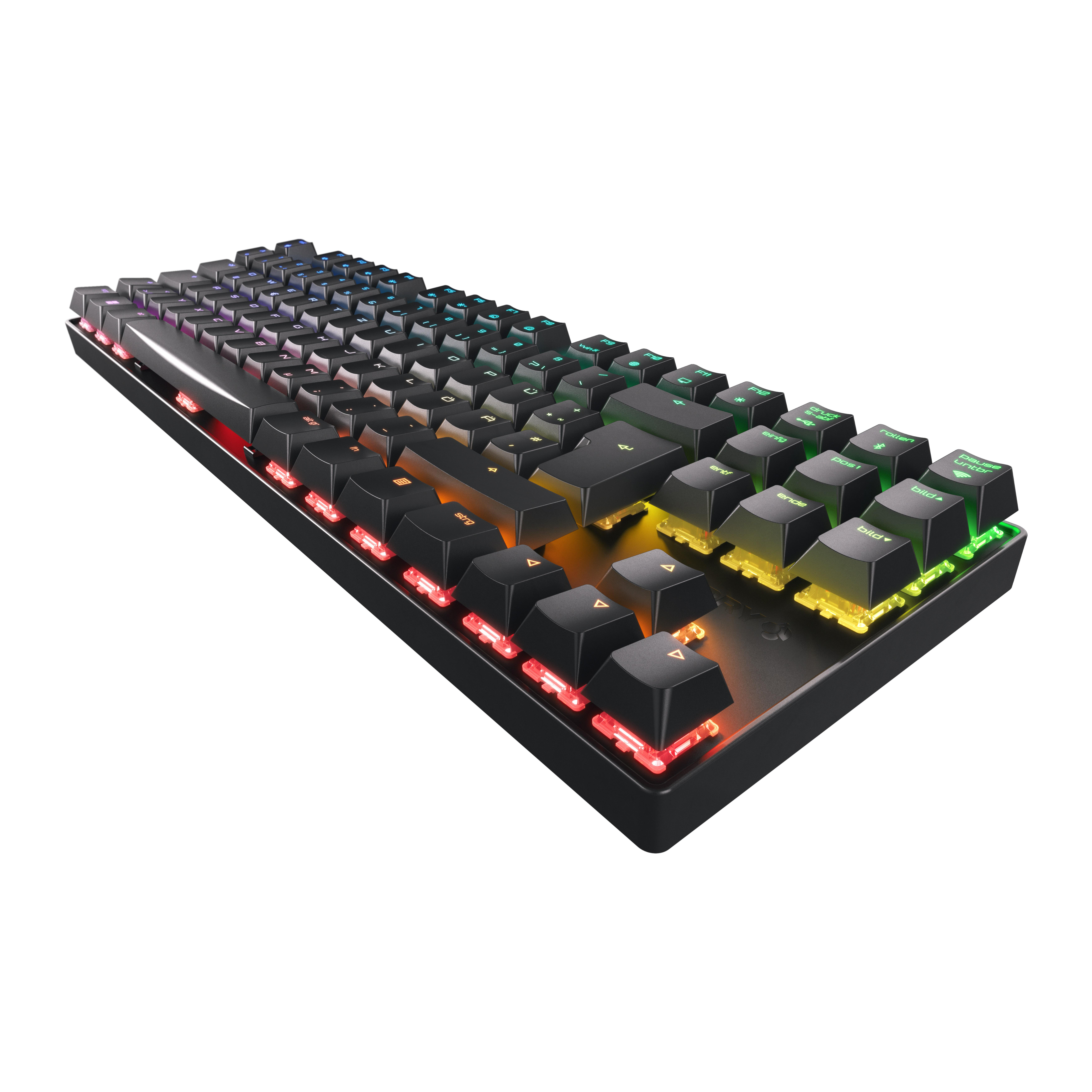 Eine schwarze Gaming-Tastatur mit Hintergrundbeleuchtung. Bunte Lichter unter den Tasten. Die Tastatur ist auf weißem Grund.