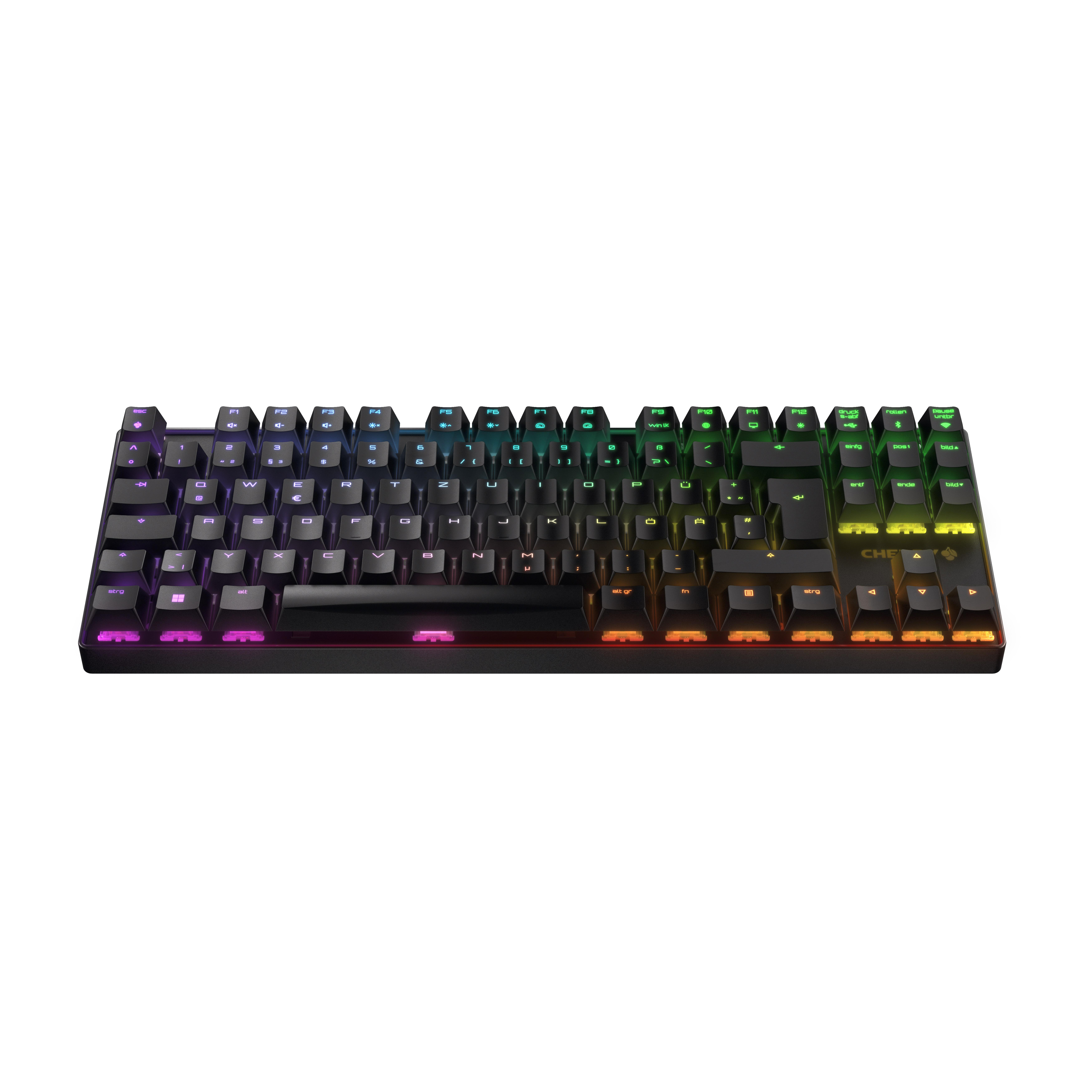 Eine schwarze Tastatur mit beleuchteten Tasten auf weißem Hintergrund. Tasten sind beschriftet. Die Tastatur hat ein Cherry-Logo.