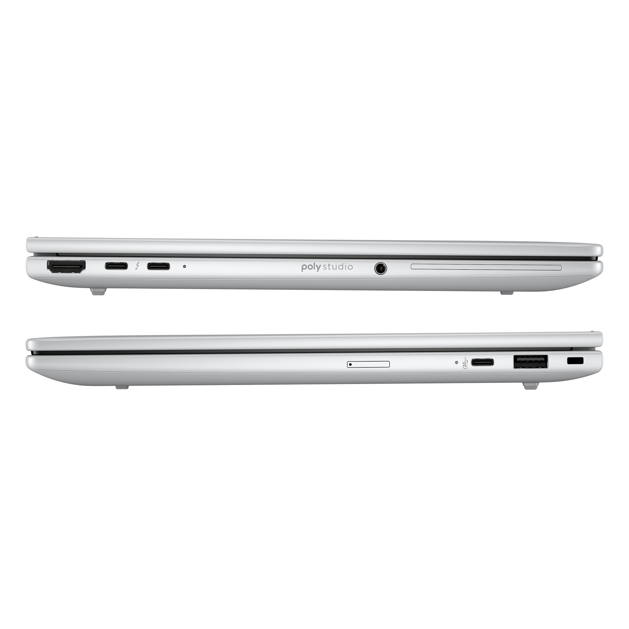 Zwei silberne Laptops nebeneinander, die Anschlüsse und Beschriftungen zeigen. Oben steht 'poly studio'.
