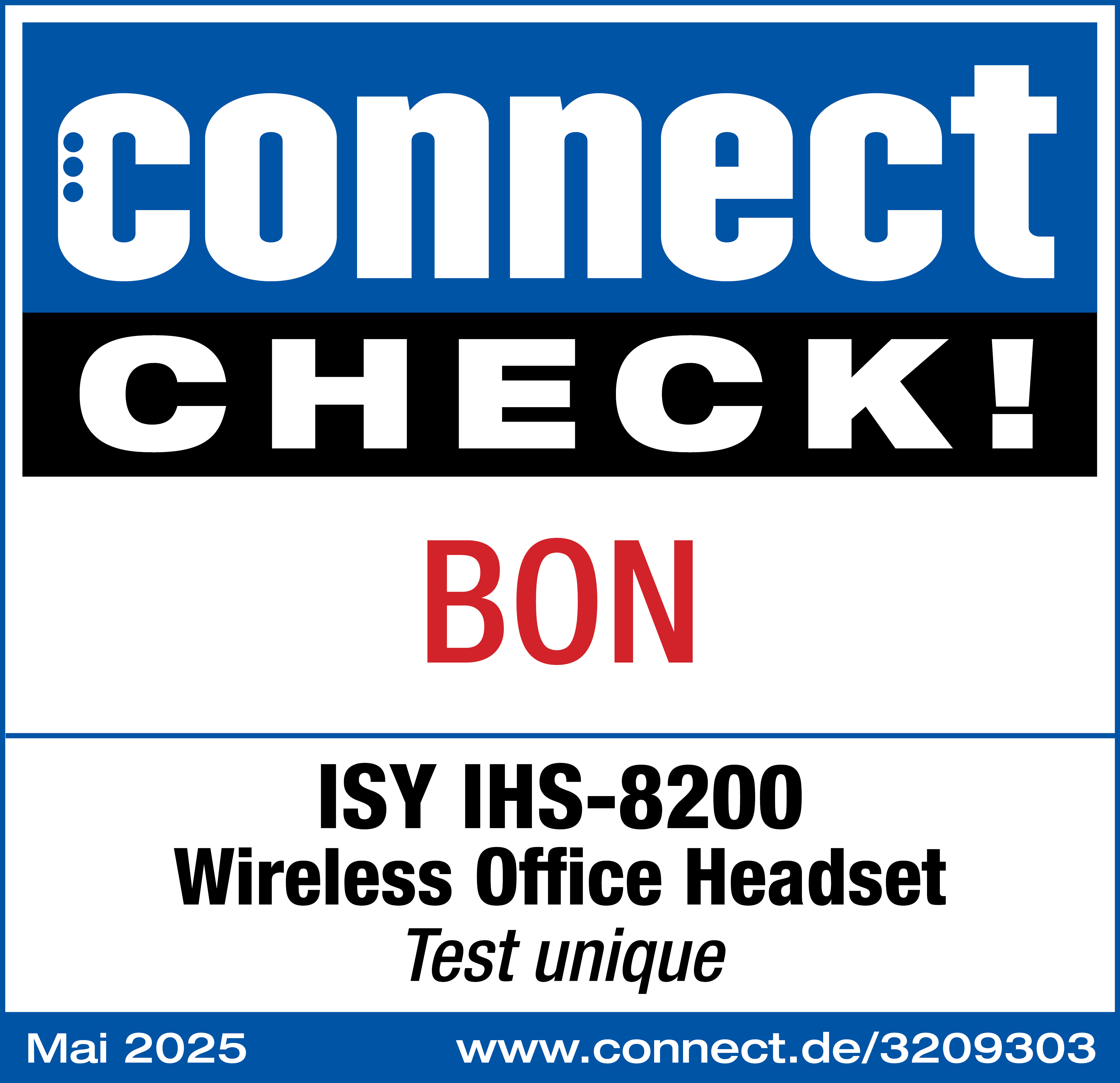 Un graphique bleu et blanc avec du texte dont 'connect CHECK!', 'BON' et des informations sur un casque sans fil.