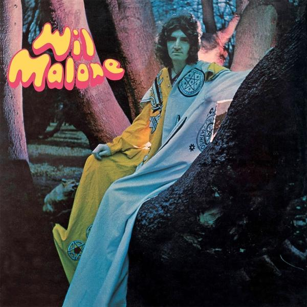 Mann in gelben und weißen Roben sitzt auf einem Baum. Das Albumcover hat den Titel 'Wil Malone' in Pink und Gelb.